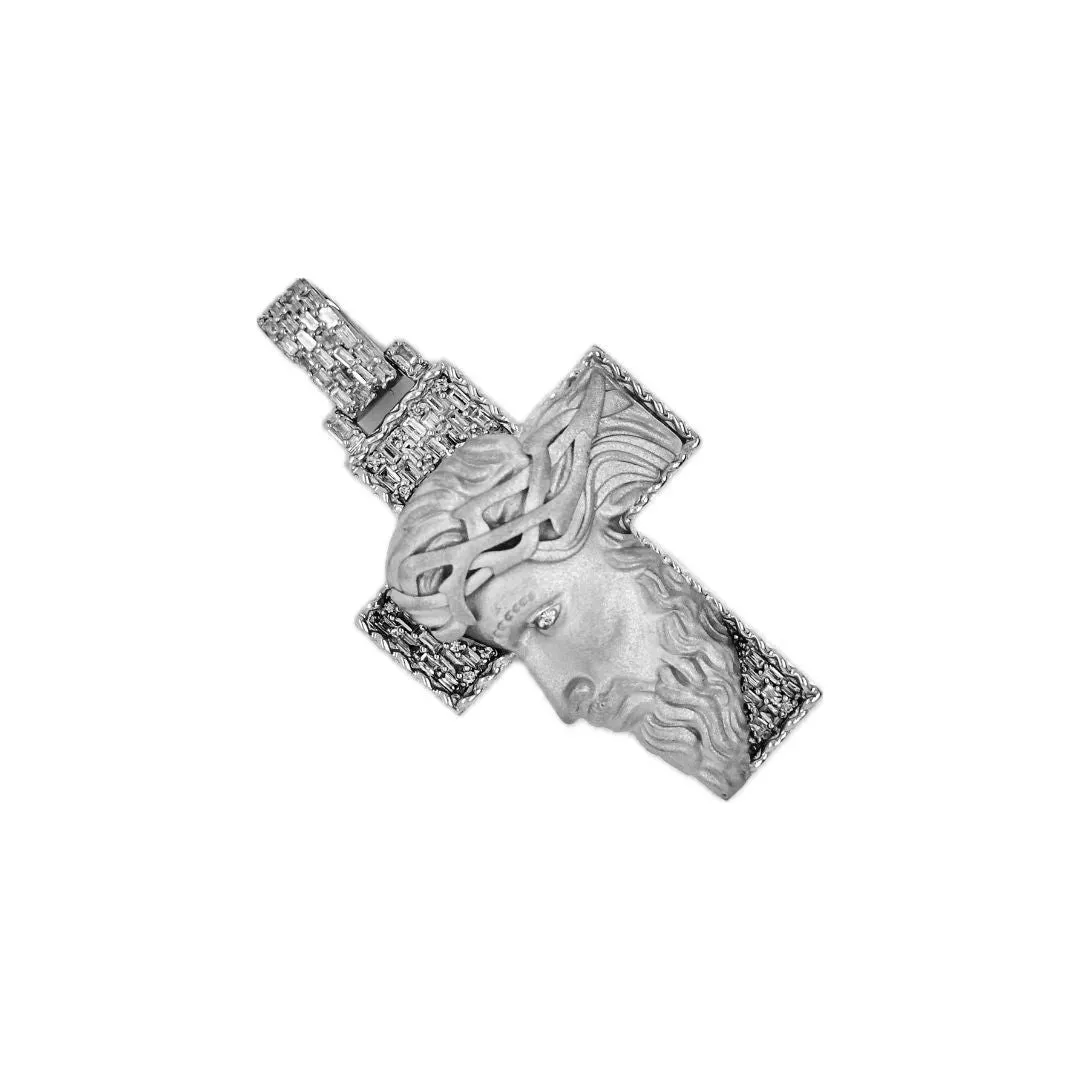 10K White Gold Jesus Head Diamond Cross Pendant 0.70 CT 1.93"