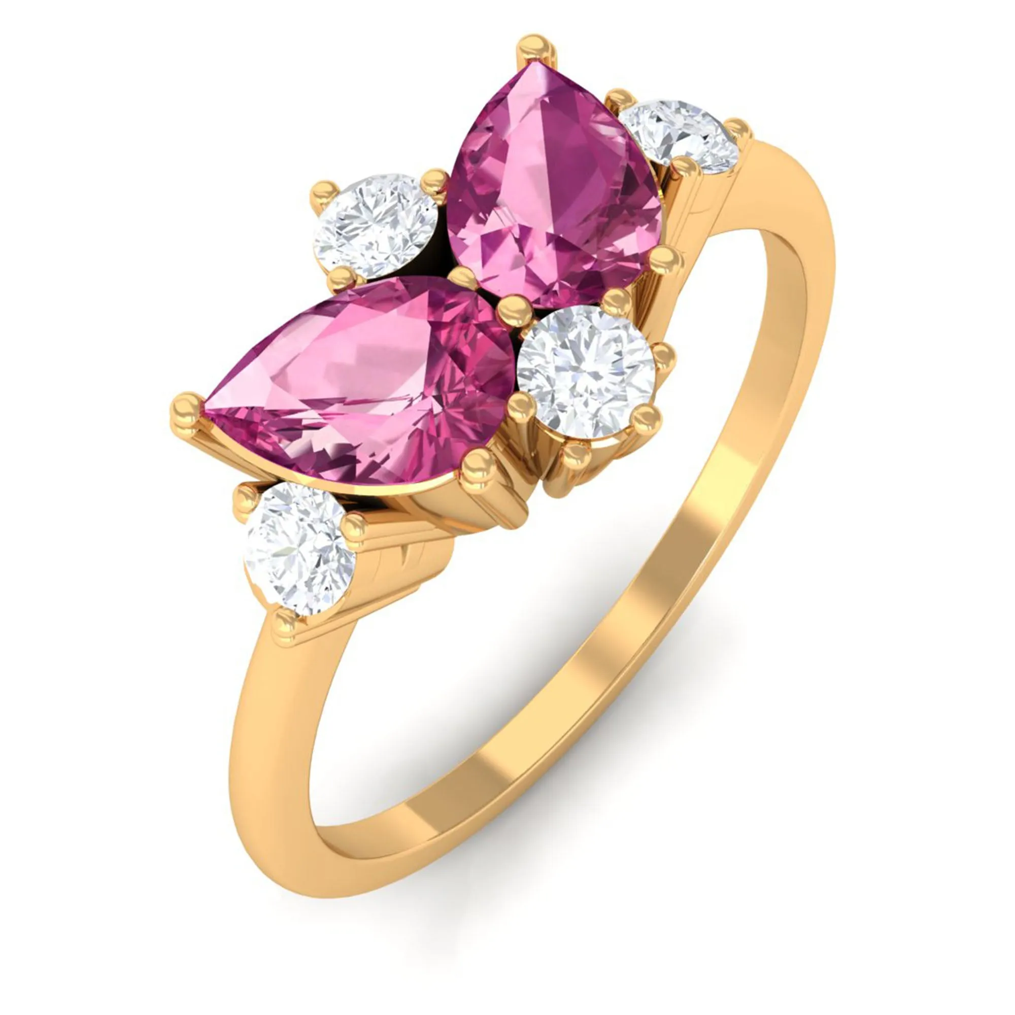 1.25 CT Pear Cut Pink Tourmaline and Round Diamond Cluster Ring in Prong Setting