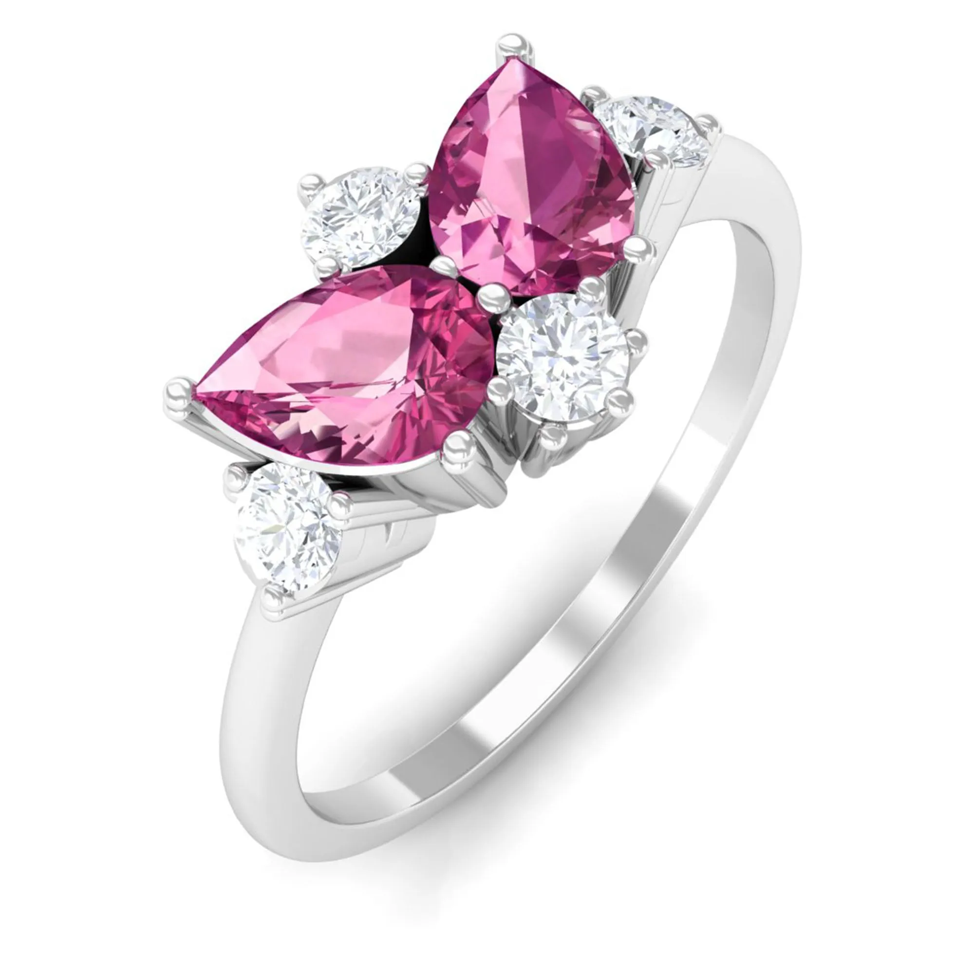 1.25 CT Pear Cut Pink Tourmaline and Round Diamond Cluster Ring in Prong Setting
