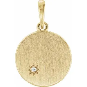 14K Gold Diamond Engravable Round Pendant