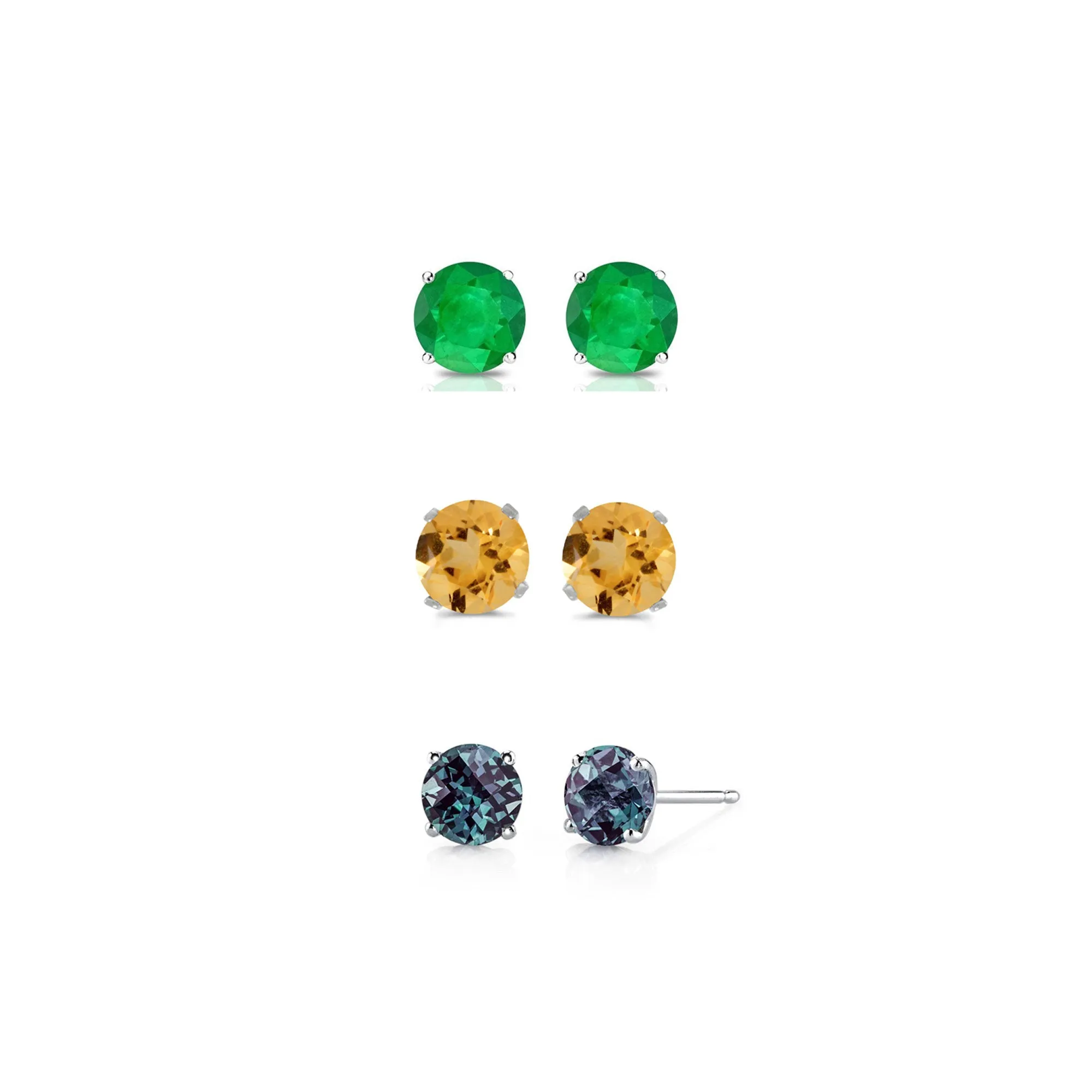 14k White Gold Plated 4Ct Created Emerald, Citrine and Alexandrite 3 Pair Round Stud Earrings