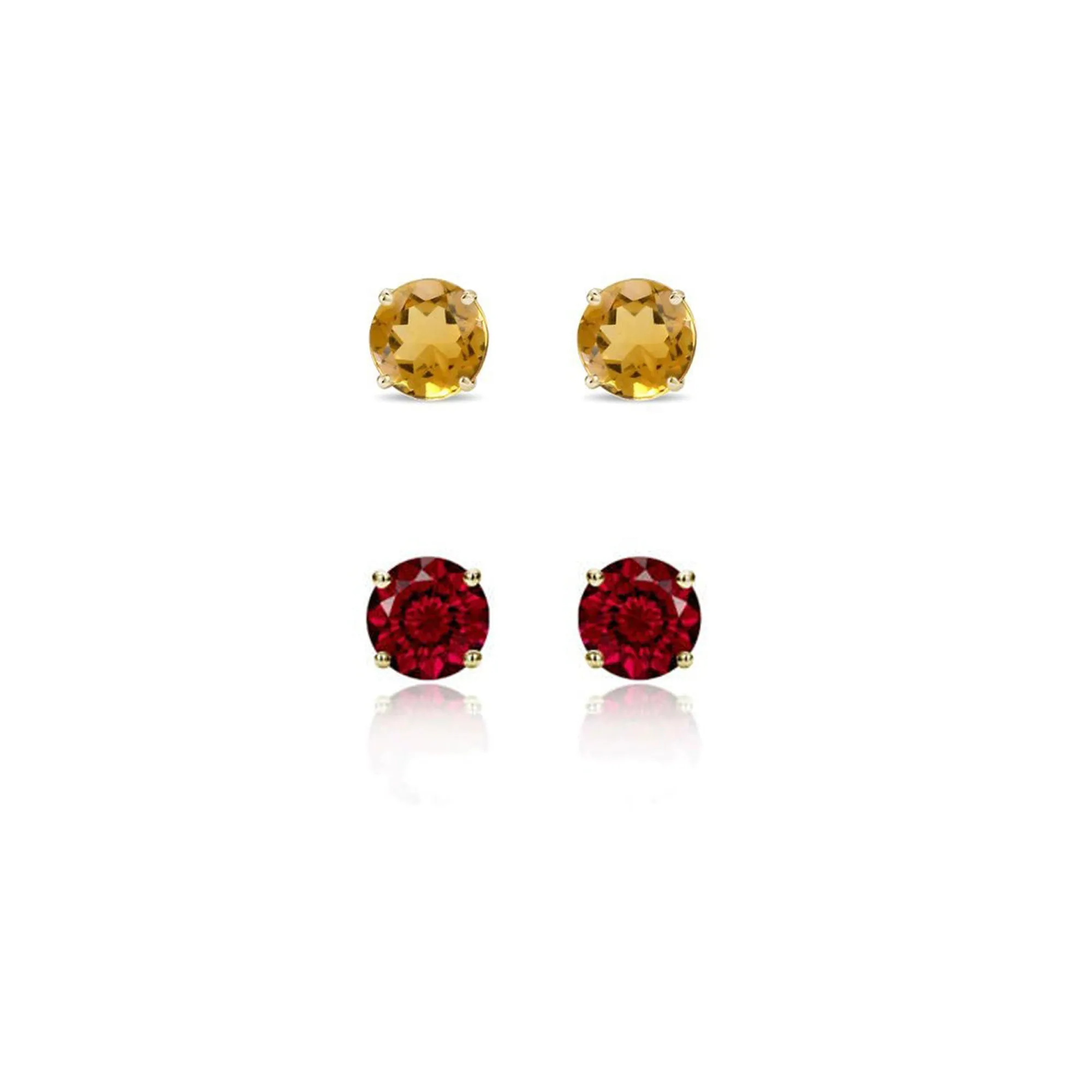 14k Yellow Gold Plated 1Ct Created Citrine and Garnet 2 Pair Round Stud Earrings