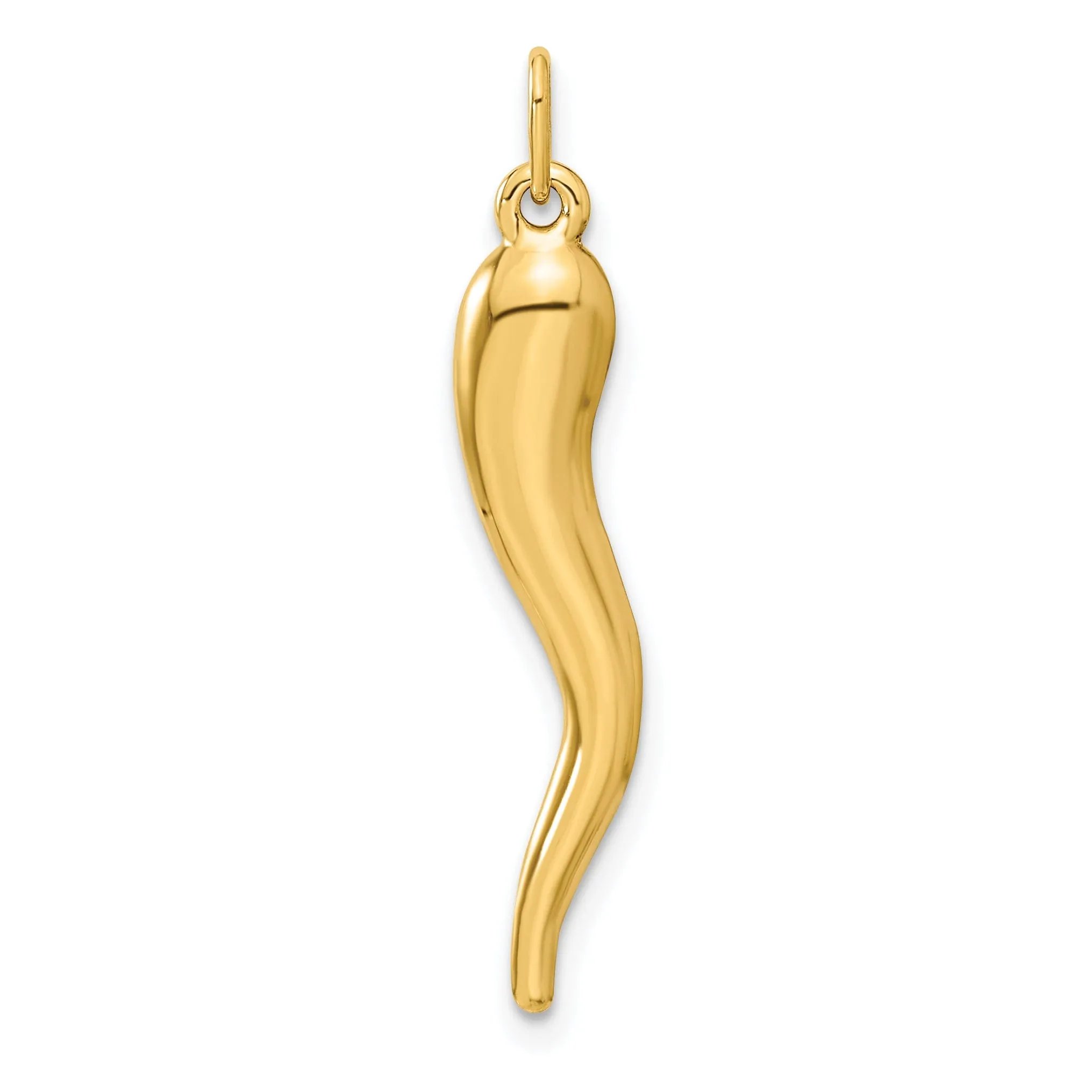 14k Yellow Gold Solid Polished Finish 3-D Italian Horn Charm Pendant