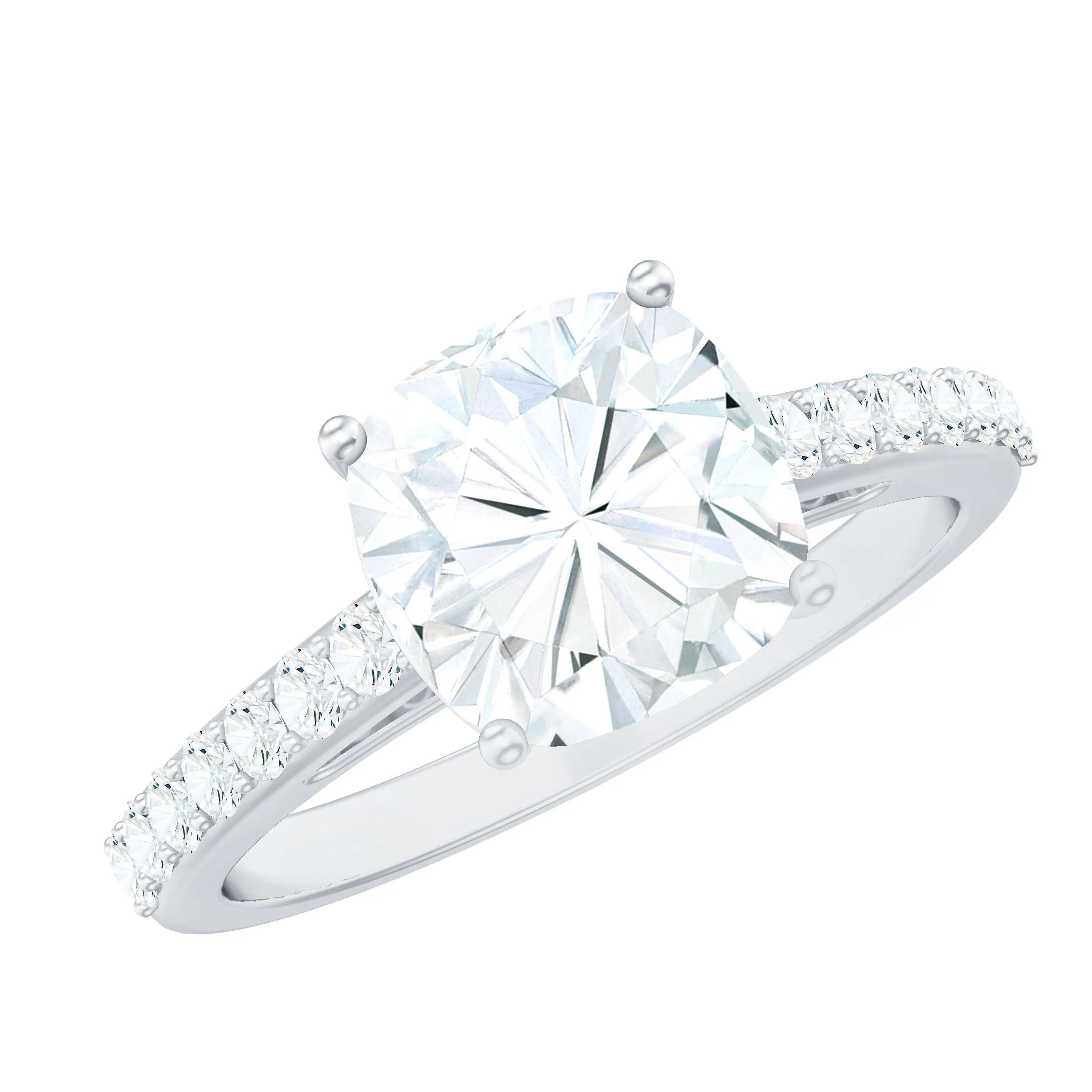 2.50 CT Cushion Cut Moissanite Solitaire Ring with Side Stones