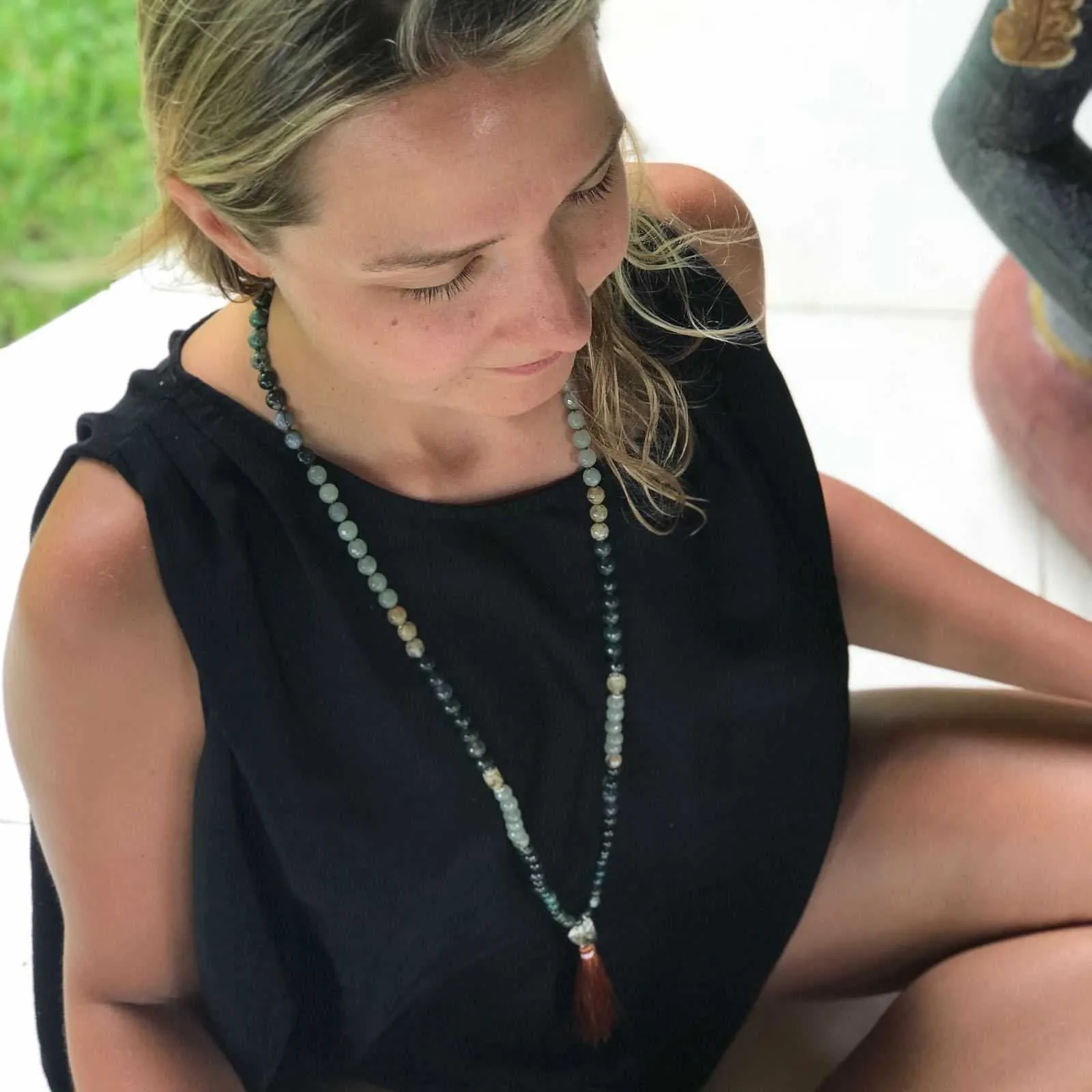 Bali Spirit Gemstone Mala with Green Indian Agate, Jade and Citrine