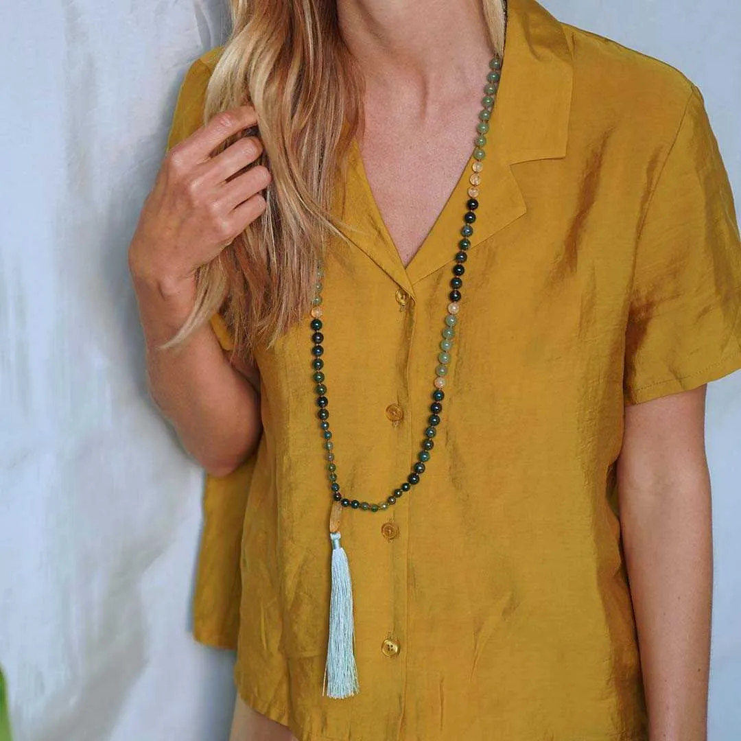 Bali Spirit Gemstone Mala with Green Indian Agate, Jade and Citrine