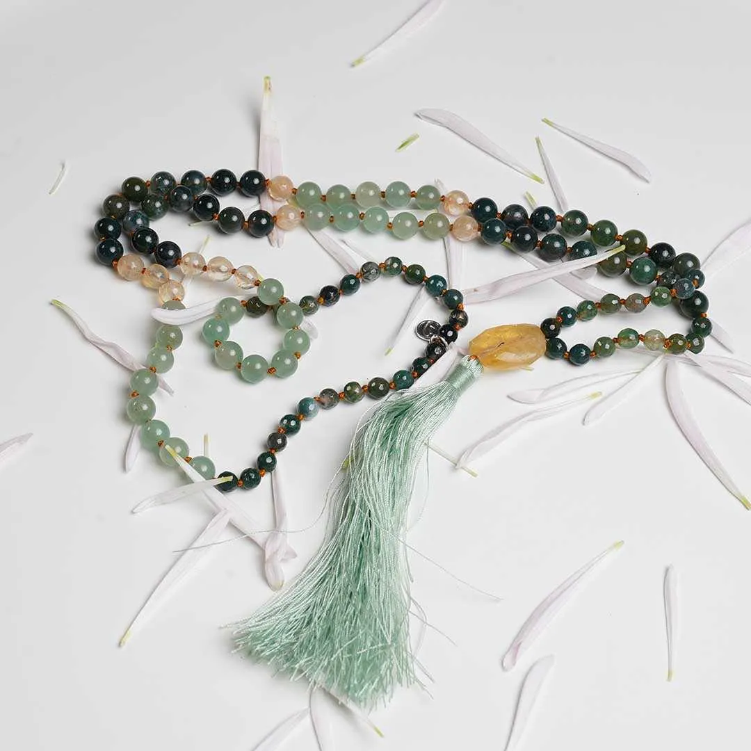 Bali Spirit Gemstone Mala with Green Indian Agate, Jade and Citrine