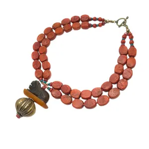 Coral Necklace with Stone Lion Pendant