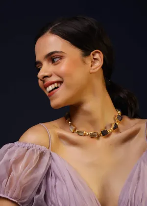 Gold Plated Choker Necklace With White And Amethyst Purple Semi Precious Stones