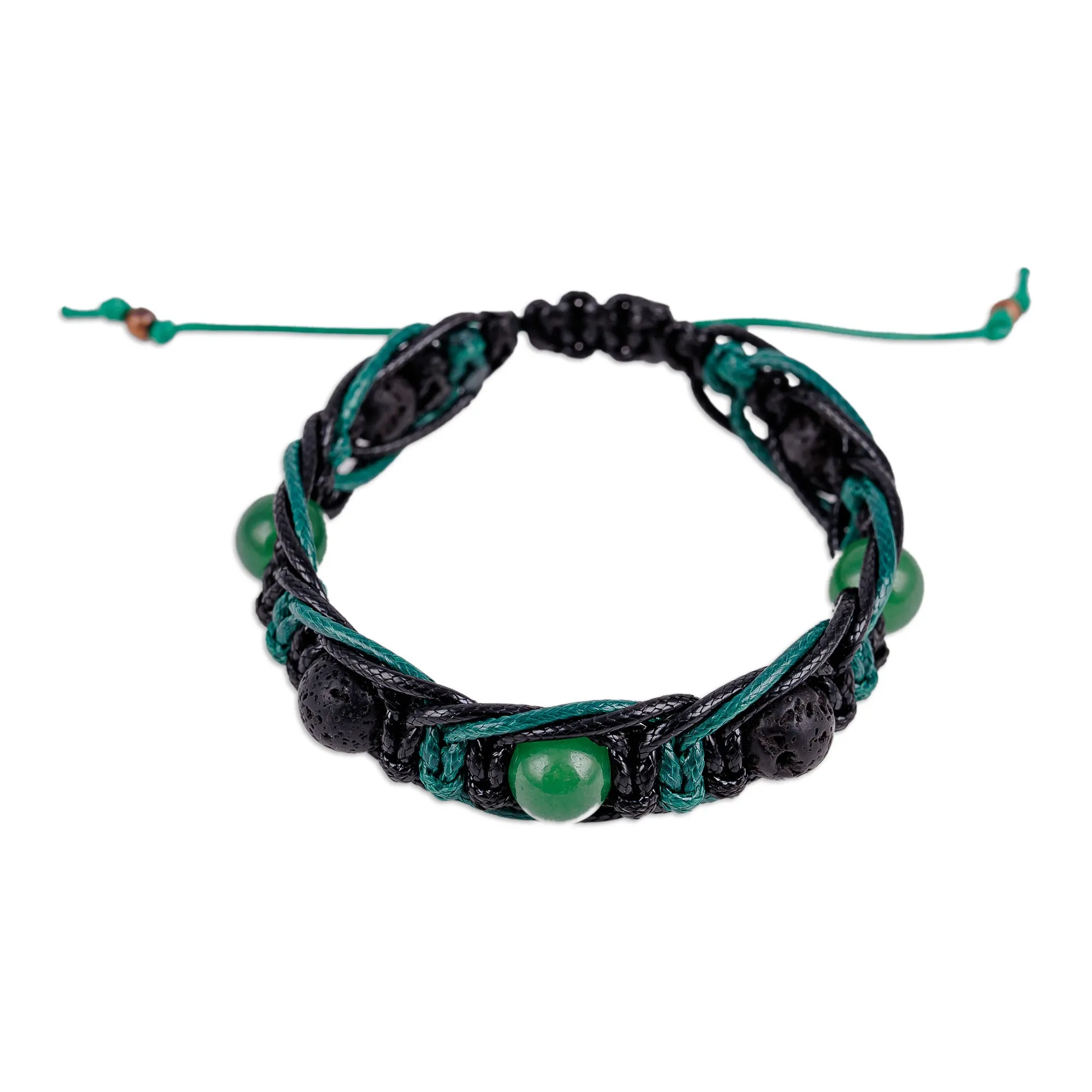 Green and Black Nylon Macrame Bracelet with Jade Jewels - Green Calls | NOVICA