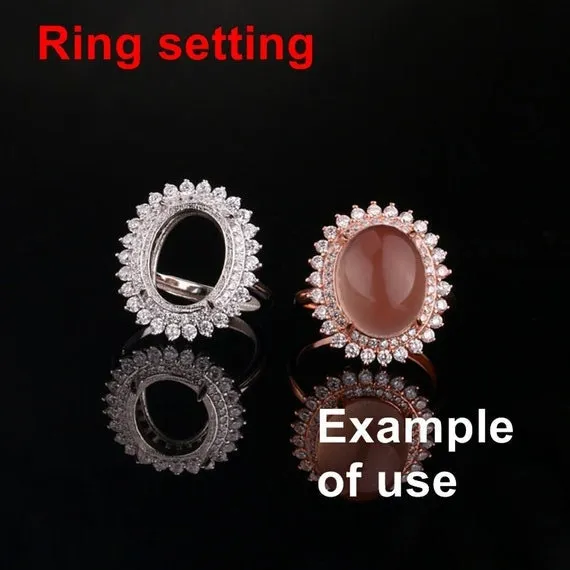 Halo Ring Setting Blank 16mm 1pc 925 Sterling Silver CZ Semi Mount for Oval Faceted Stone 4 Prongs Love Theme Adjustable Wholesale Available