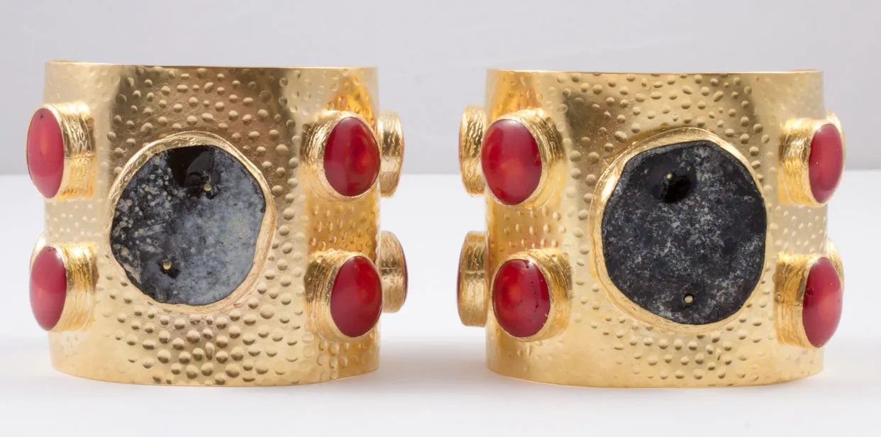 Handmade Natural Stone & Brass Turkish Cuff with Red Coral