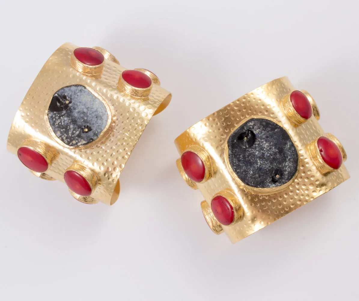 Handmade Natural Stone & Brass Turkish Cuff with Red Coral