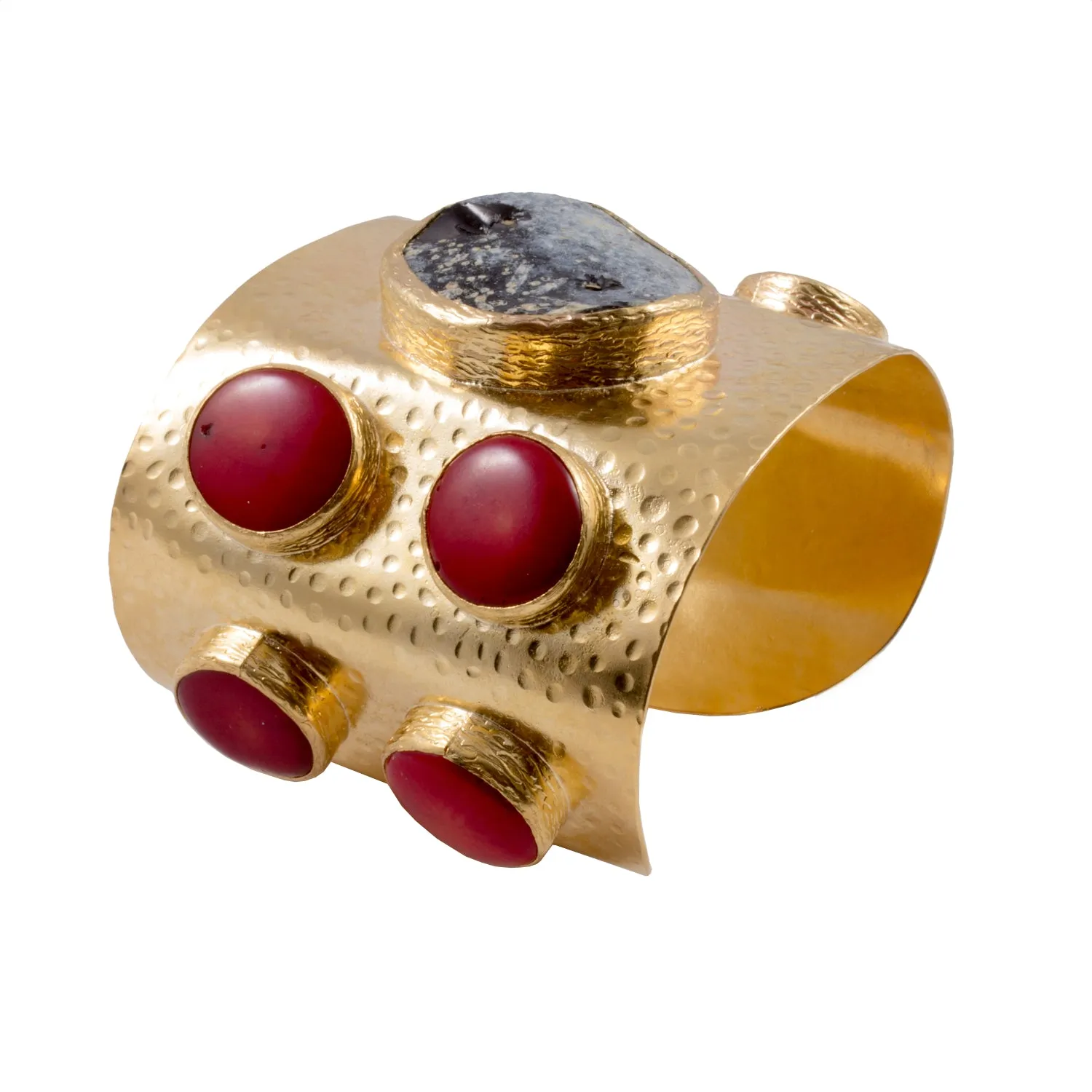 Handmade Natural Stone & Brass Turkish Cuff with Red Coral