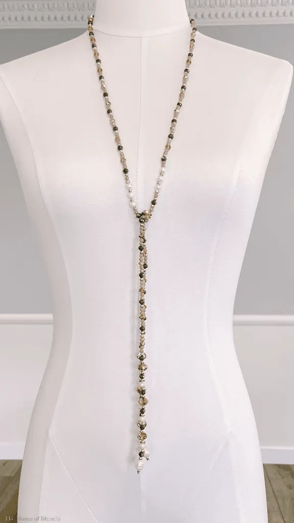 Mara Quartz, Pearl, Gold, Amethyst, Topaz and Grey Beaded Lariat Long Necklace