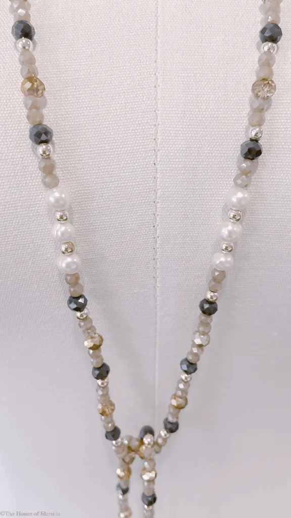 Mara Quartz, Pearl, Gold, Amethyst, Topaz and Grey Beaded Lariat Long Necklace