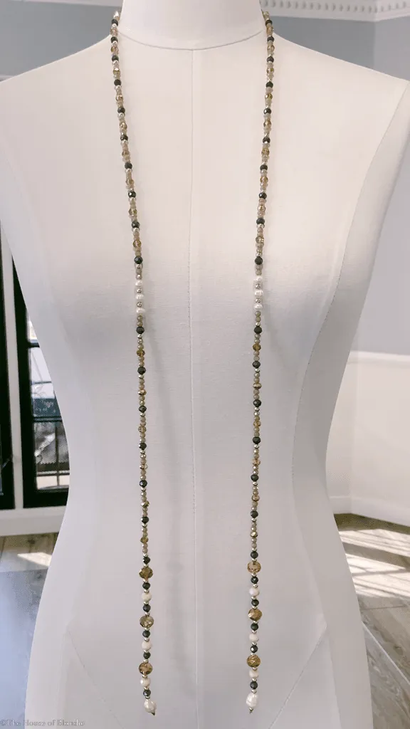 Mara Quartz, Pearl, Gold, Amethyst, Topaz and Grey Beaded Lariat Long Necklace