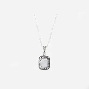 Mother of Pearl Bridal Pendant Necklace Silver Marcasite Vintage Weddingq