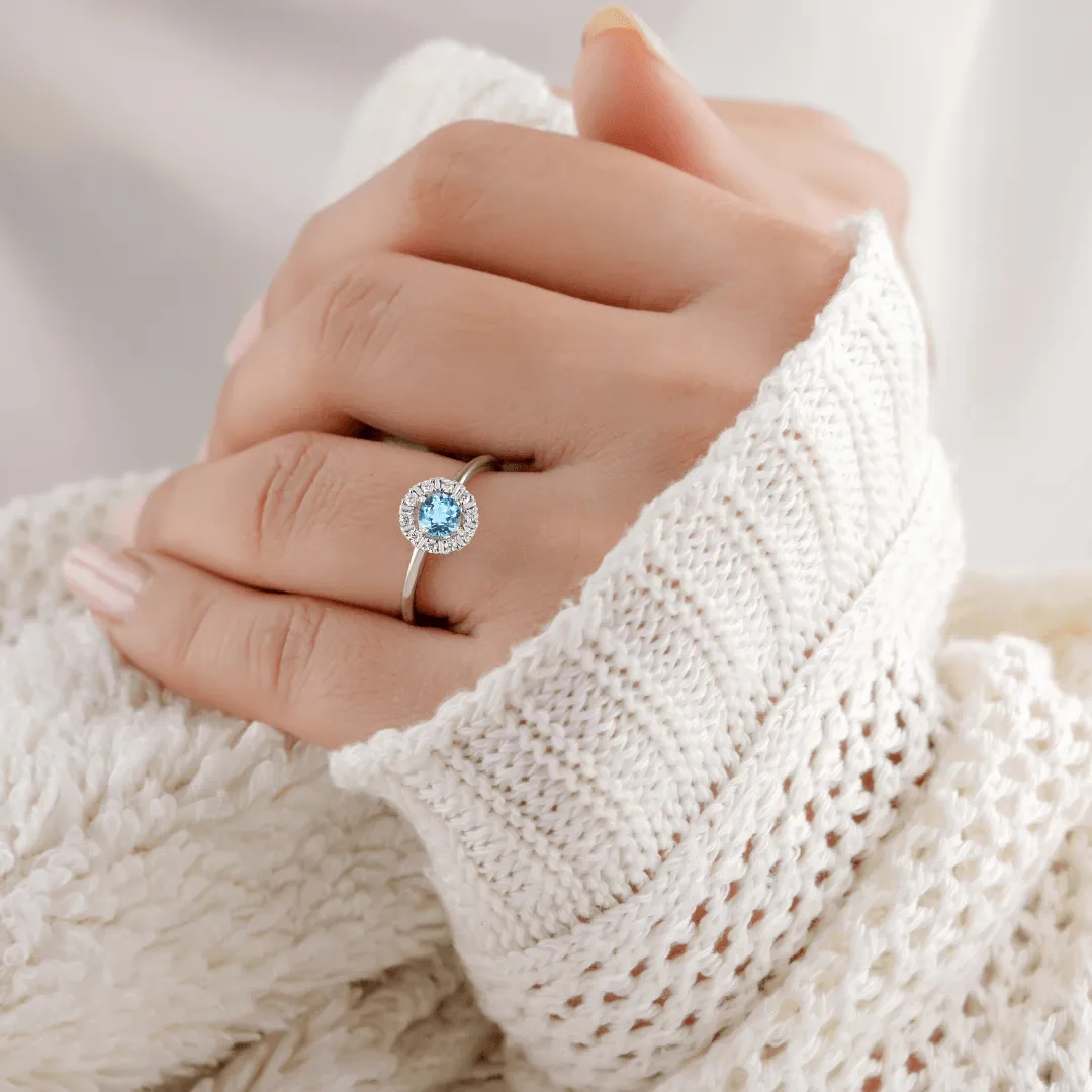 Natural Blue Topaz Round Halo Ring
