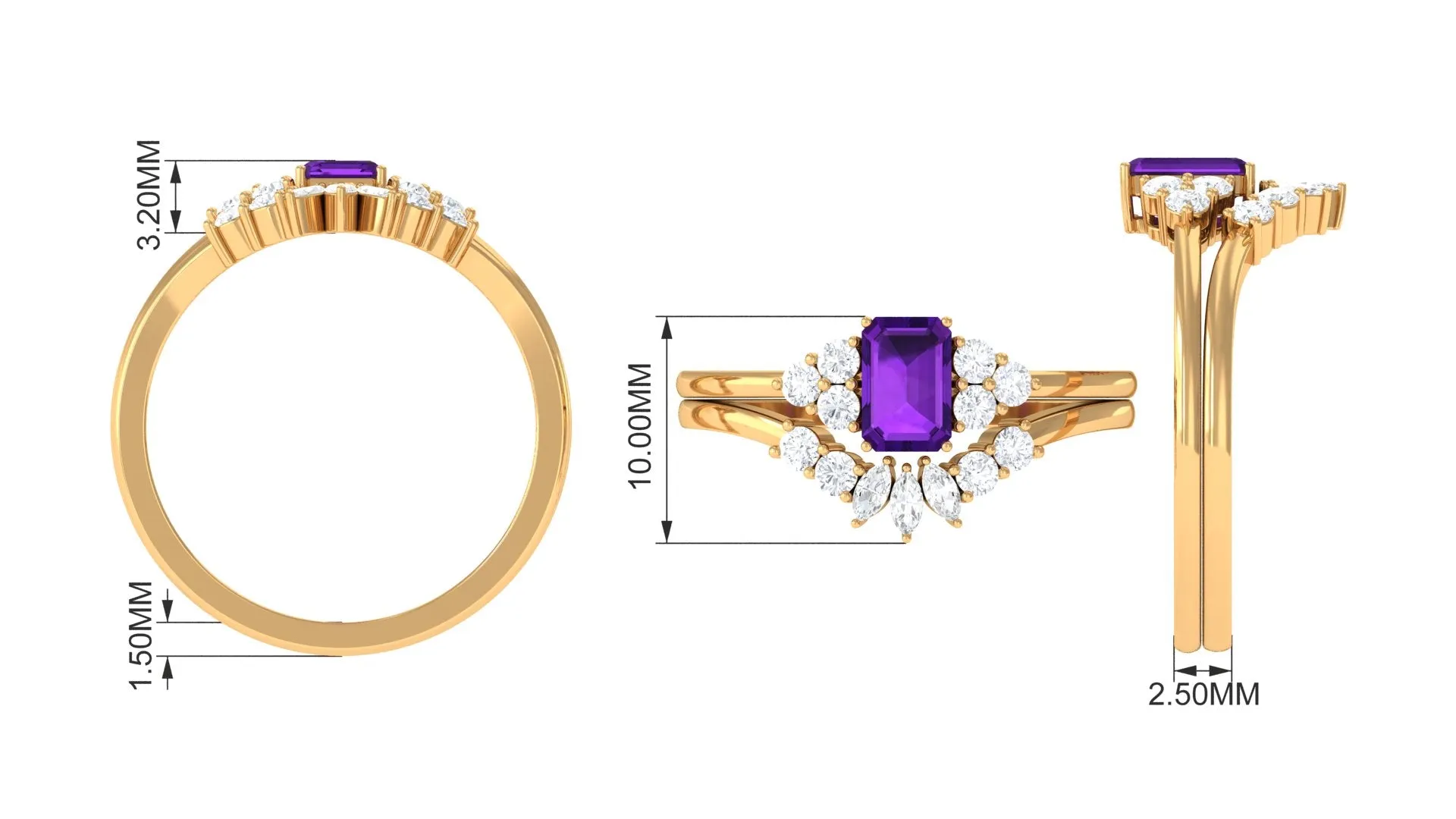 Octagon Amethyst Solitaire Stackable Ring Set with Diamond