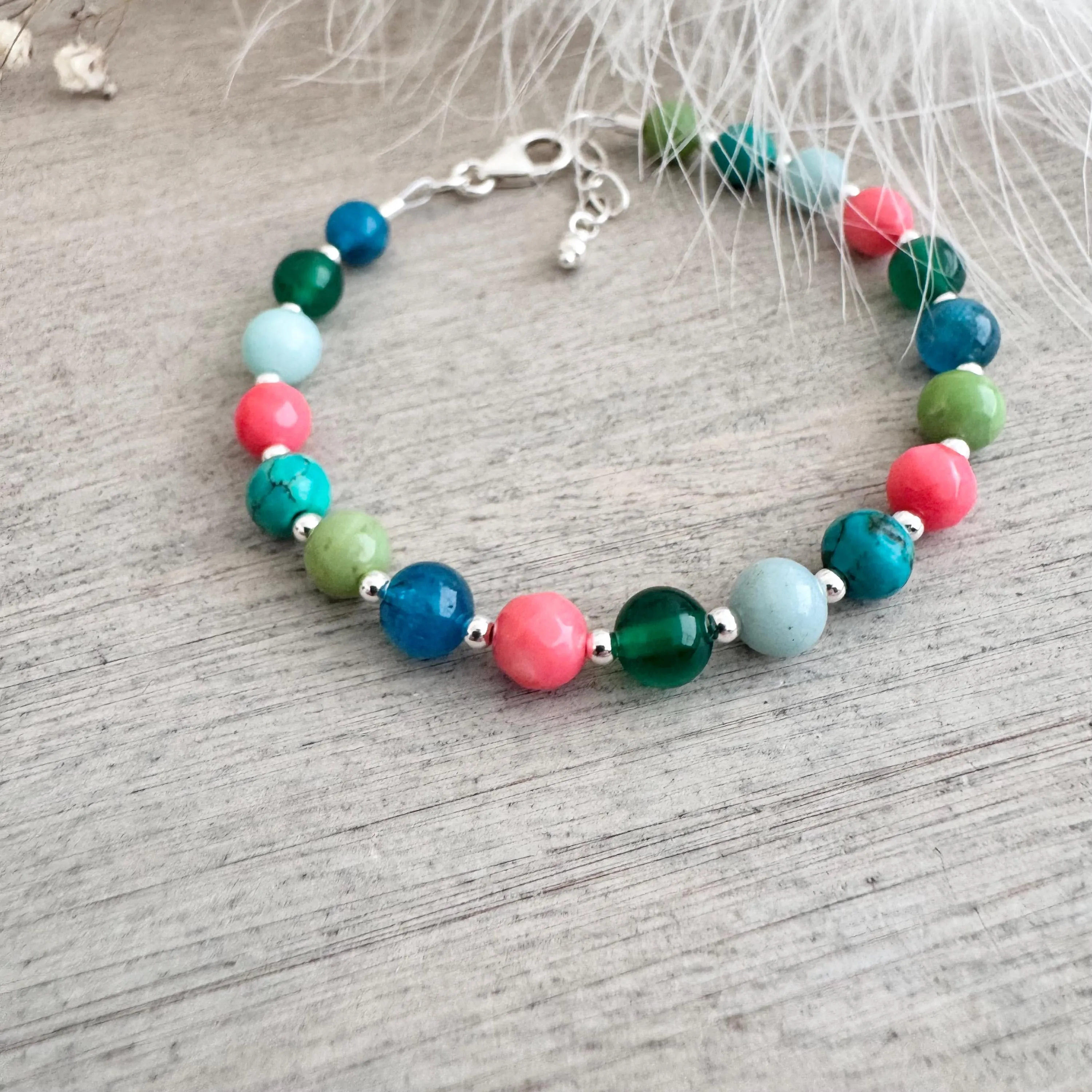 OOAK Gemstone Bracelet, Bright turquoise aqua coral colour gems in Sterling Silver