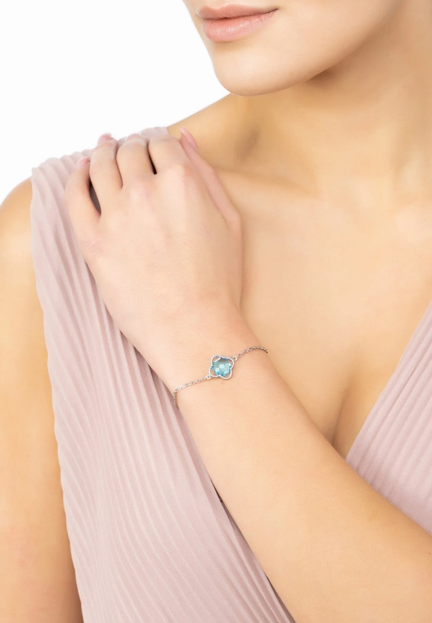 Open Clover Flower Gemstone Bracelet Silver Blue Topaz