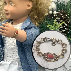 Oval Coral Glass Accent Gold Filigree Chain Doll Bracelet • 18” Doll Jewelry