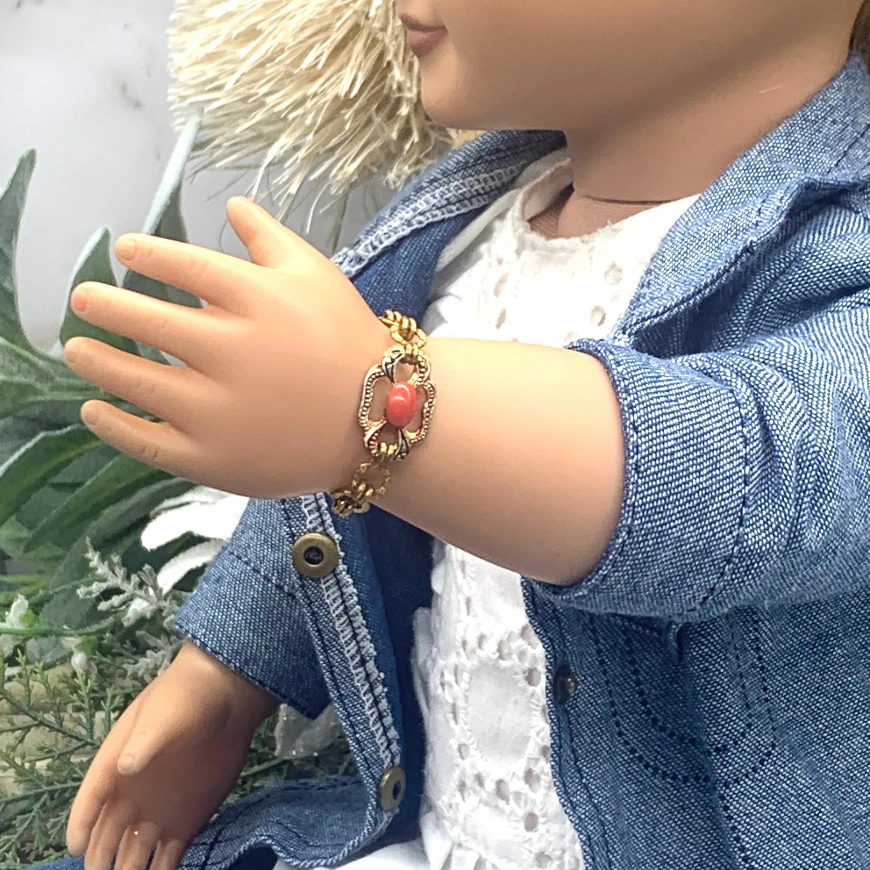 Oval Coral Glass Accent Gold Filigree Chain Doll Bracelet • 18” Doll Jewelry