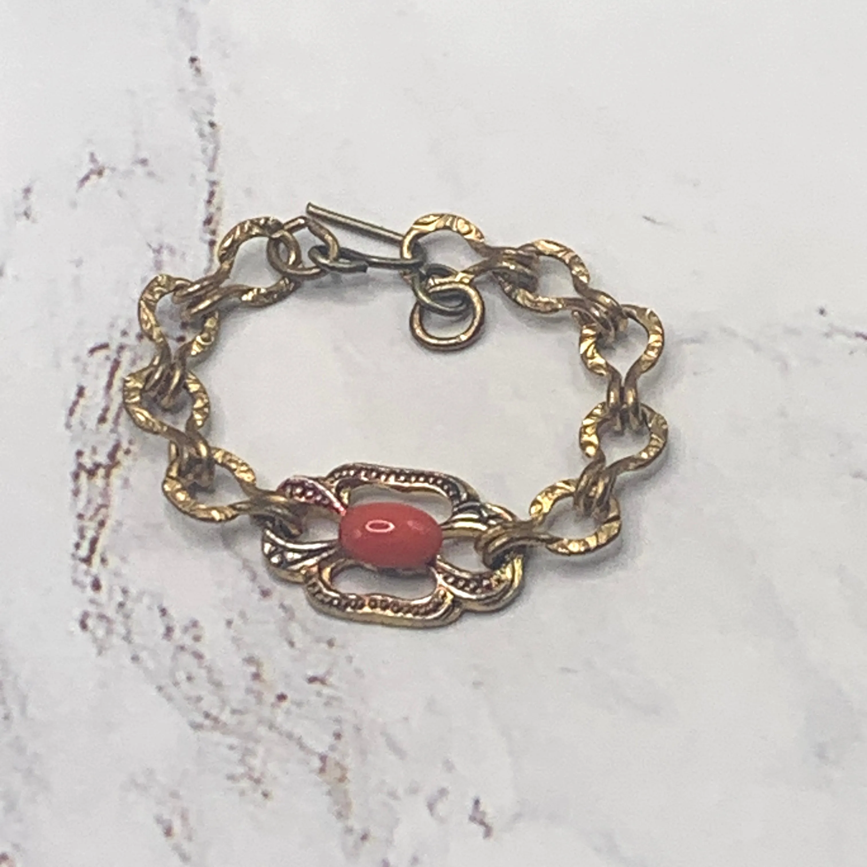 Oval Coral Glass Accent Gold Filigree Chain Doll Bracelet • 18” Doll Jewelry
