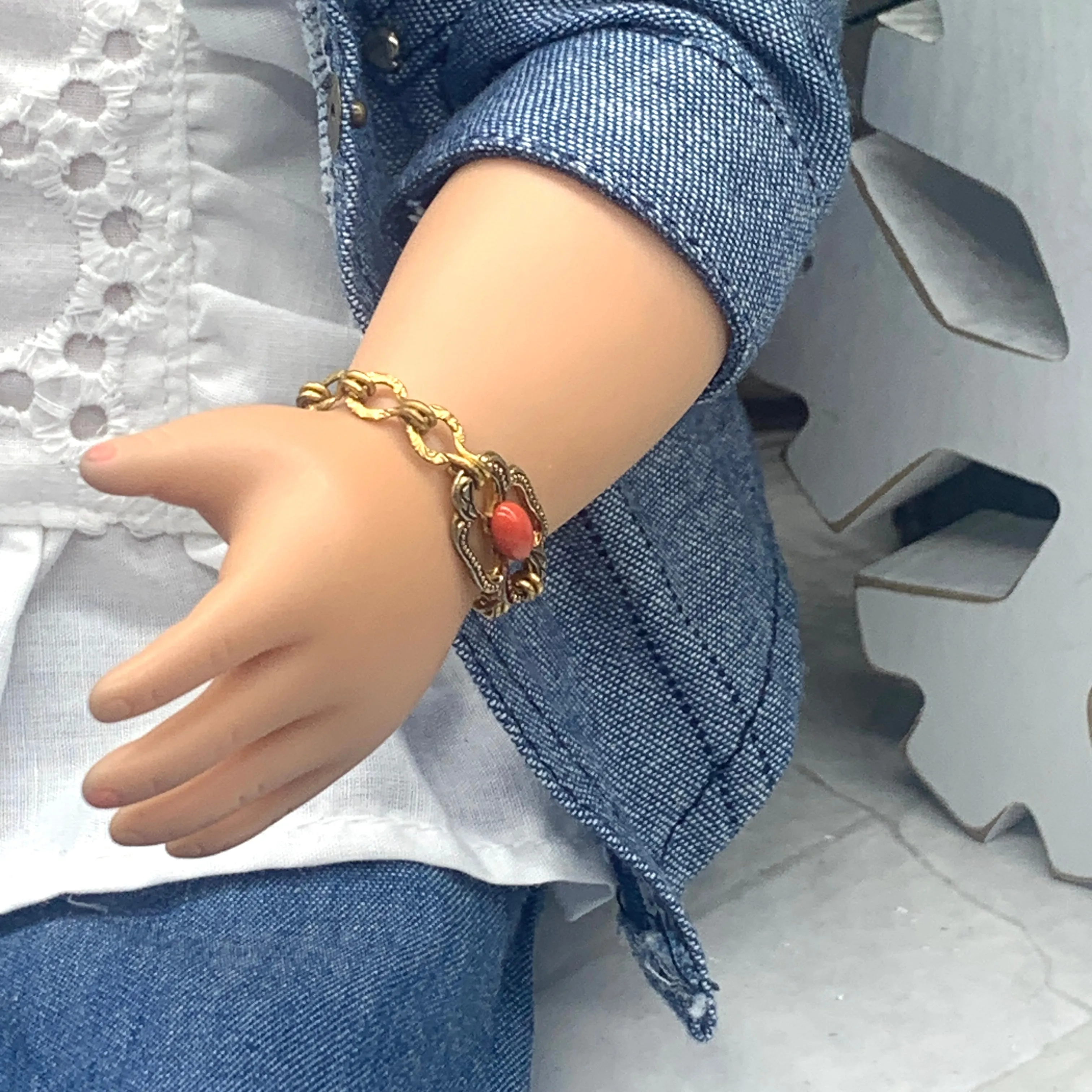 Oval Coral Glass Accent Gold Filigree Chain Doll Bracelet • 18” Doll Jewelry