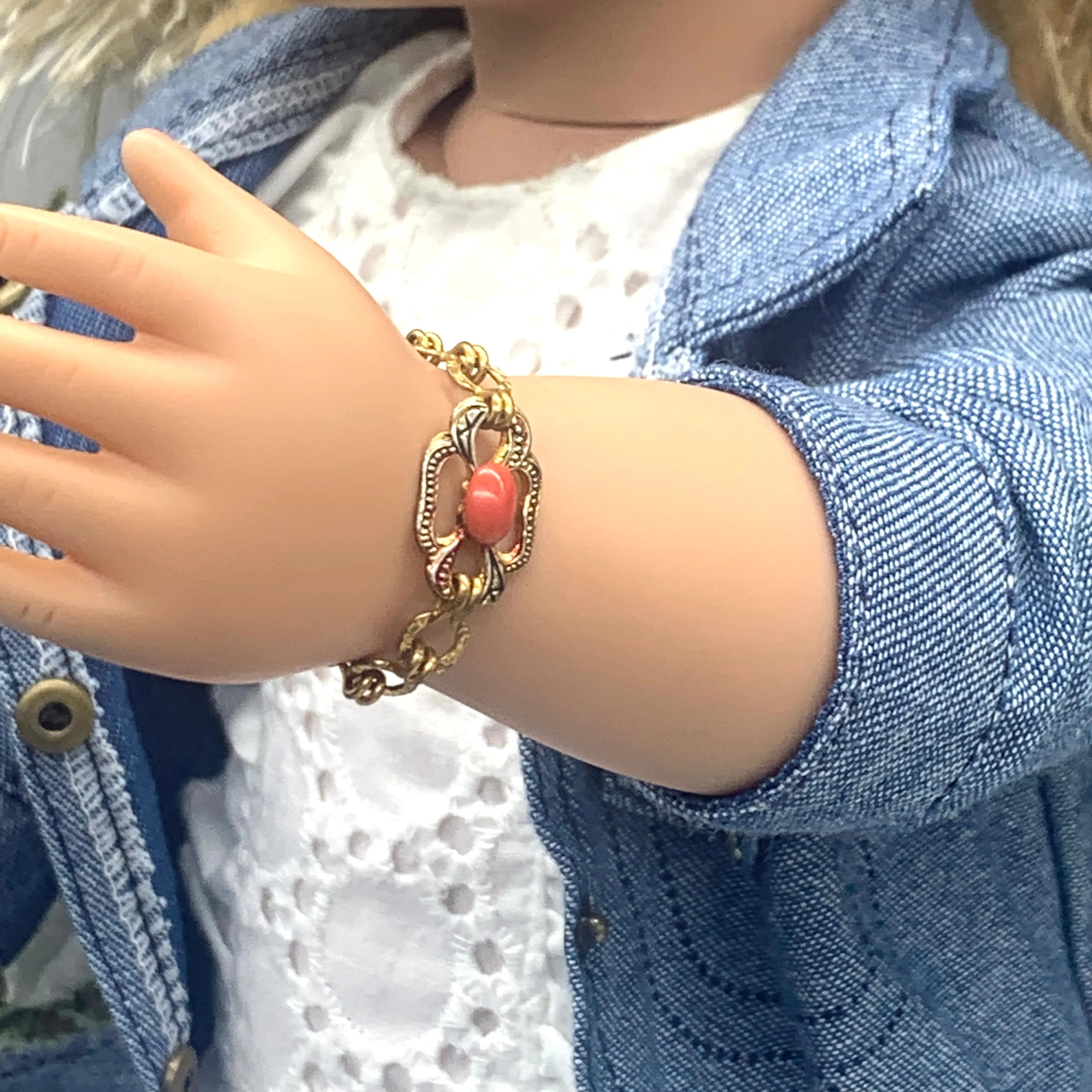 Oval Coral Glass Accent Gold Filigree Chain Doll Bracelet • 18” Doll Jewelry