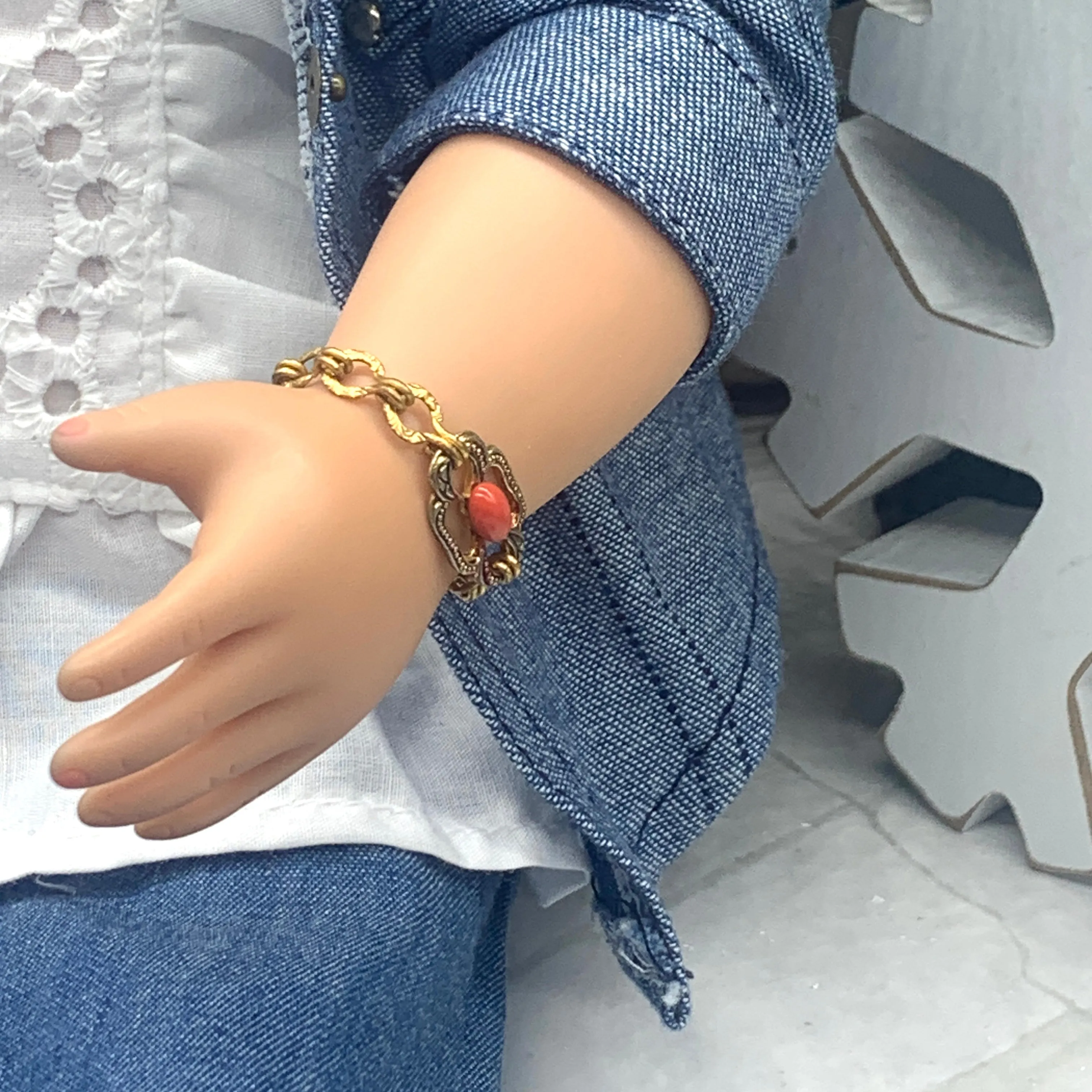Oval Coral Glass Accent Gold Filigree Chain Doll Bracelet • 18” Doll Jewelry
