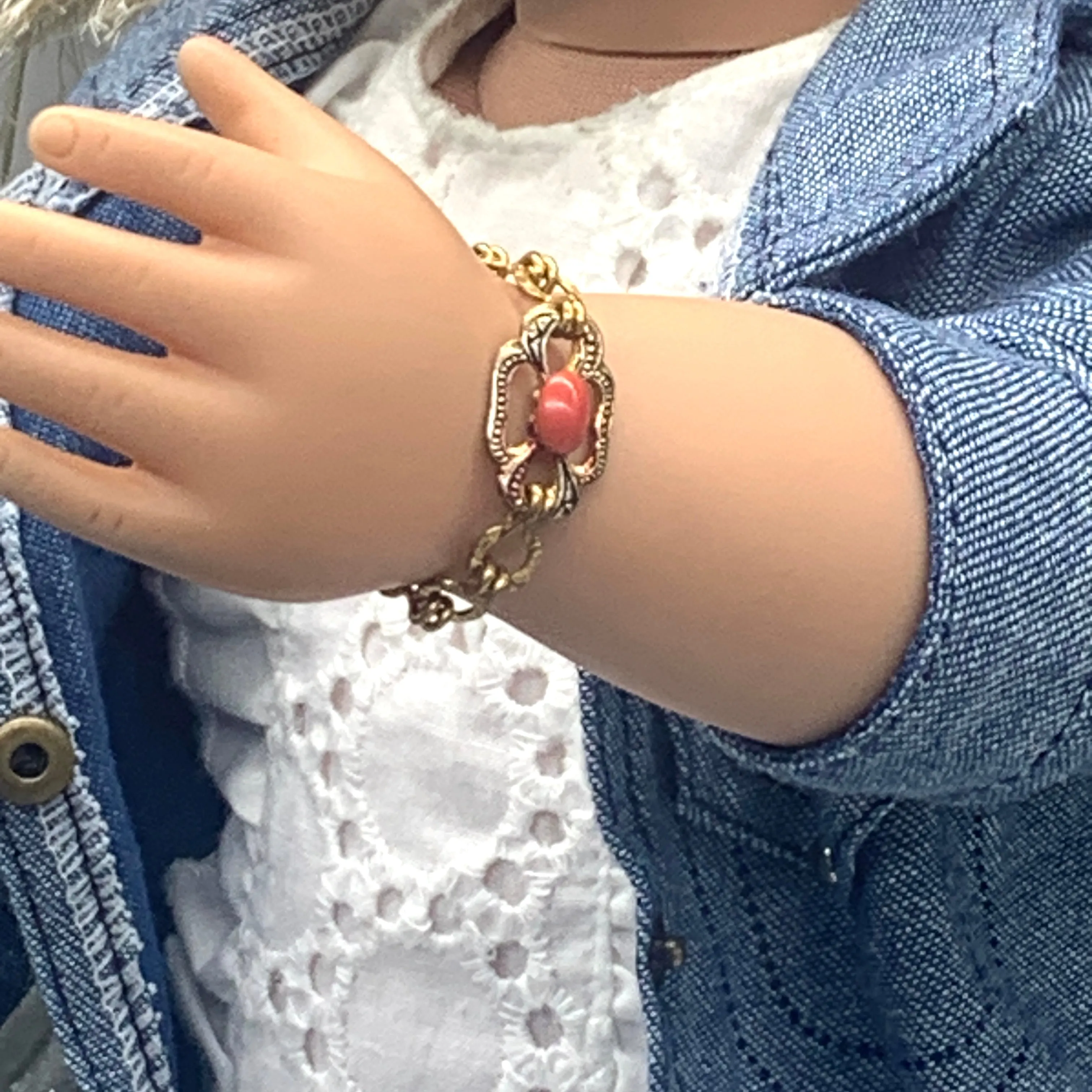 Oval Coral Glass Accent Gold Filigree Chain Doll Bracelet • 18” Doll Jewelry
