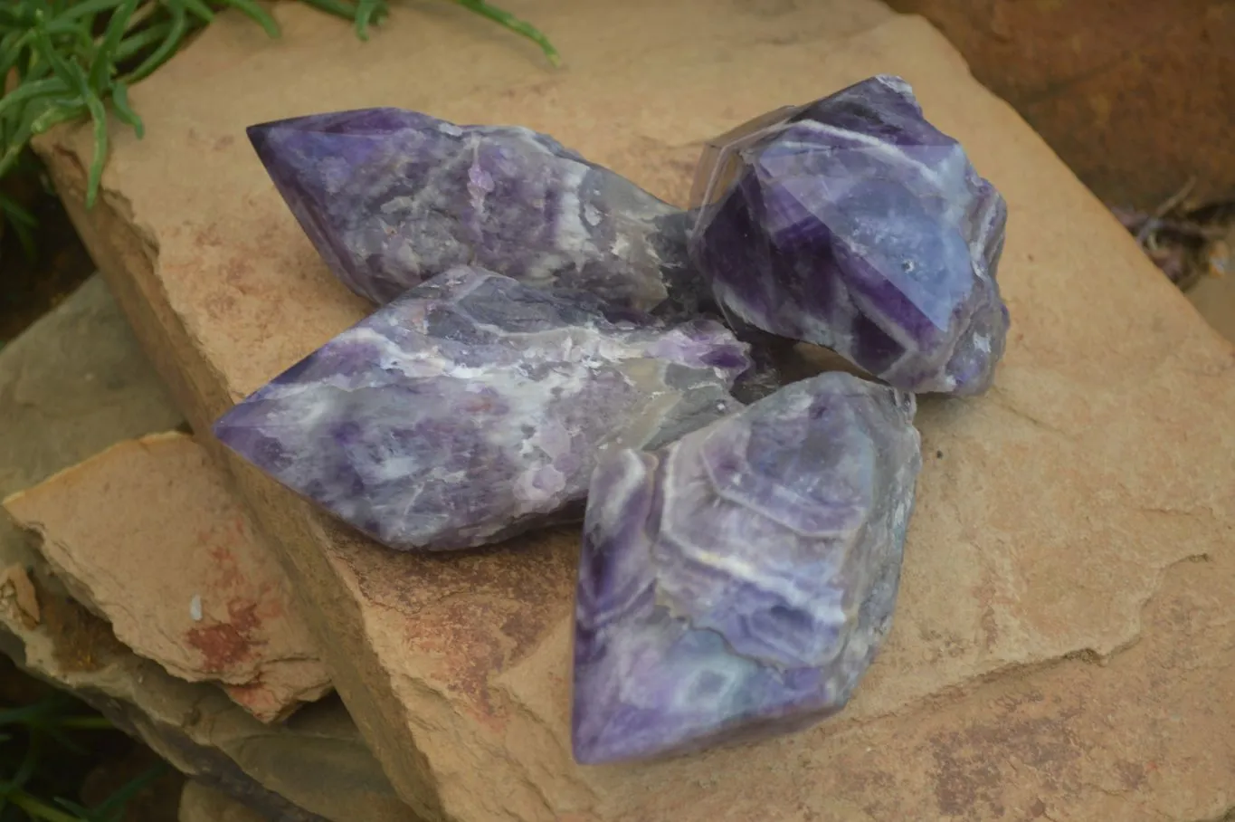 Polished "Witches Hat" Chevron Amethyst Crystals x 4 From Madagascar