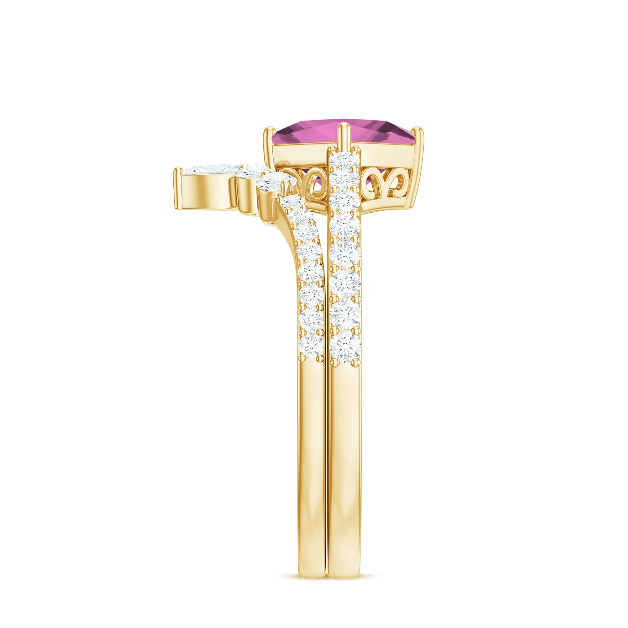 Princess Cut Solitaire Pink tourmaline Designer Ring Set with Moissanite