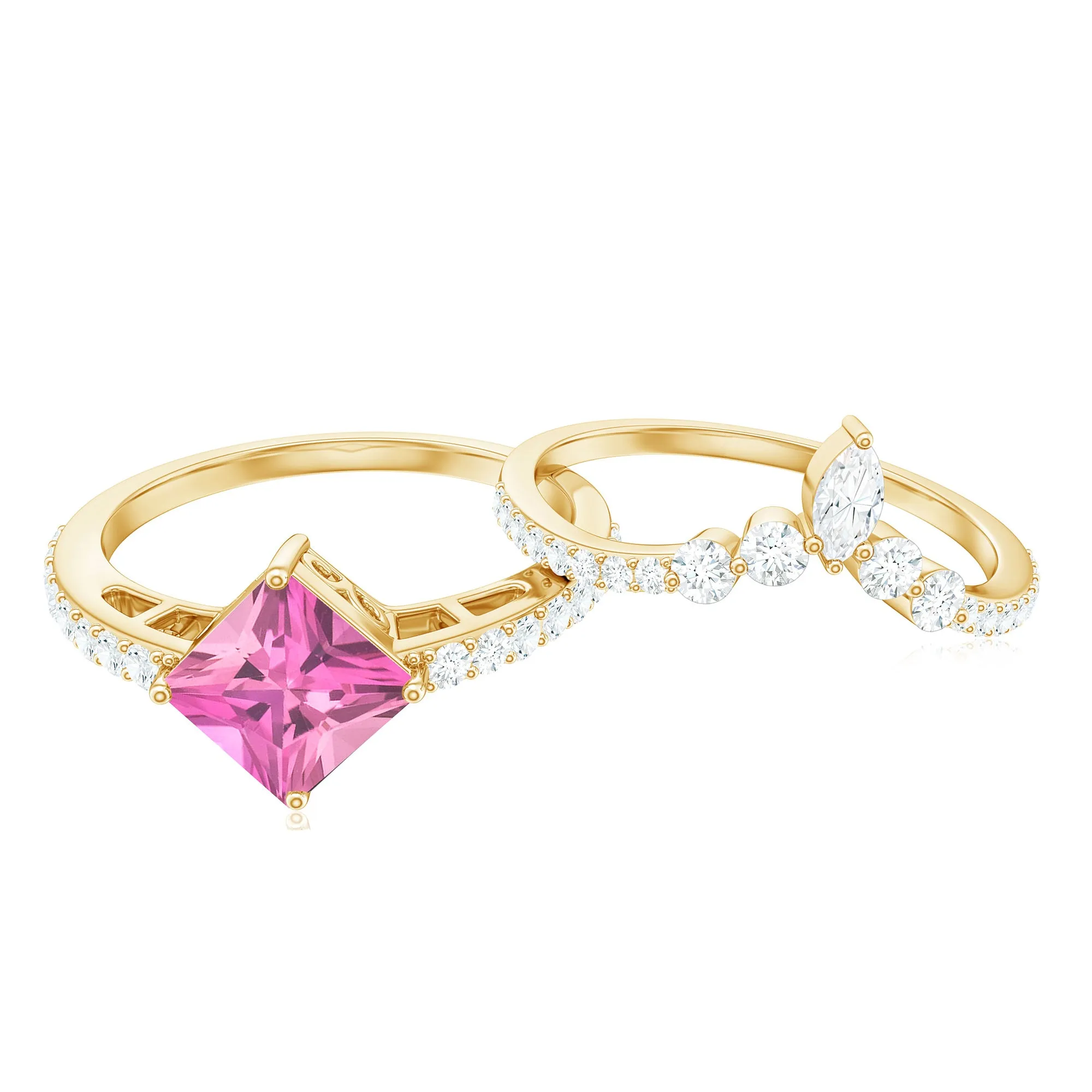 Princess Cut Solitaire Pink tourmaline Designer Ring Set with Moissanite