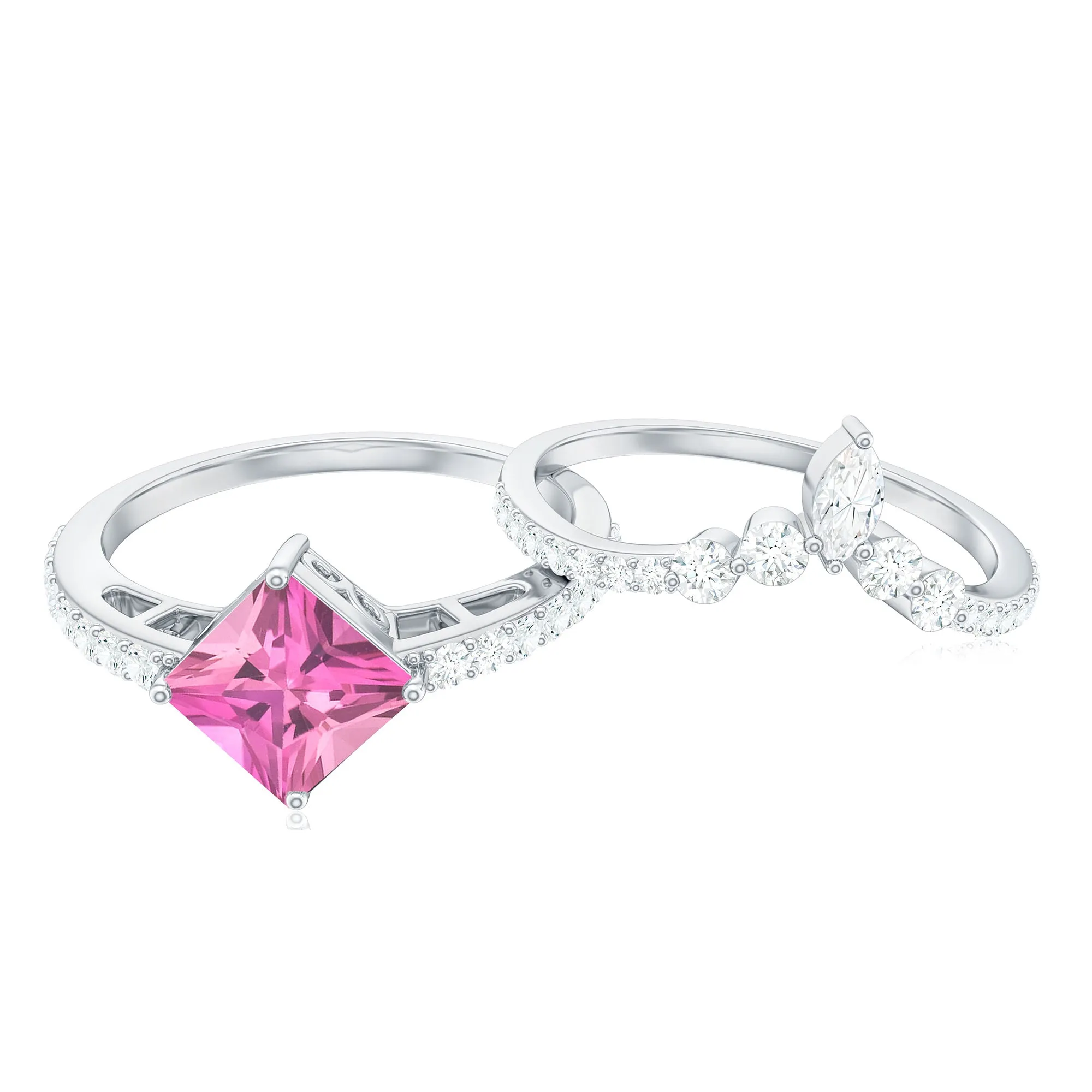 Princess Cut Solitaire Pink tourmaline Designer Ring Set with Moissanite