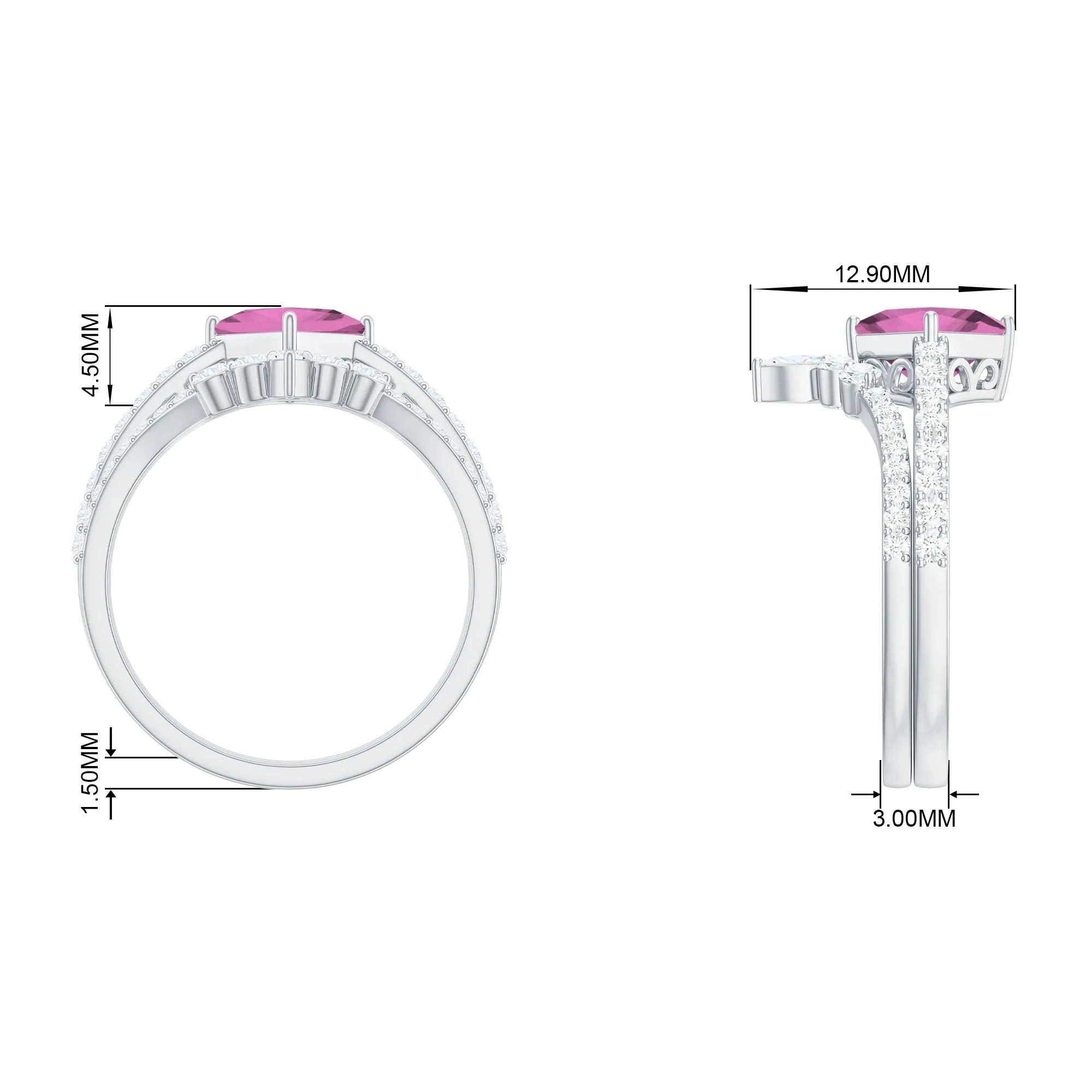 Princess Cut Solitaire Pink tourmaline Designer Ring Set with Moissanite