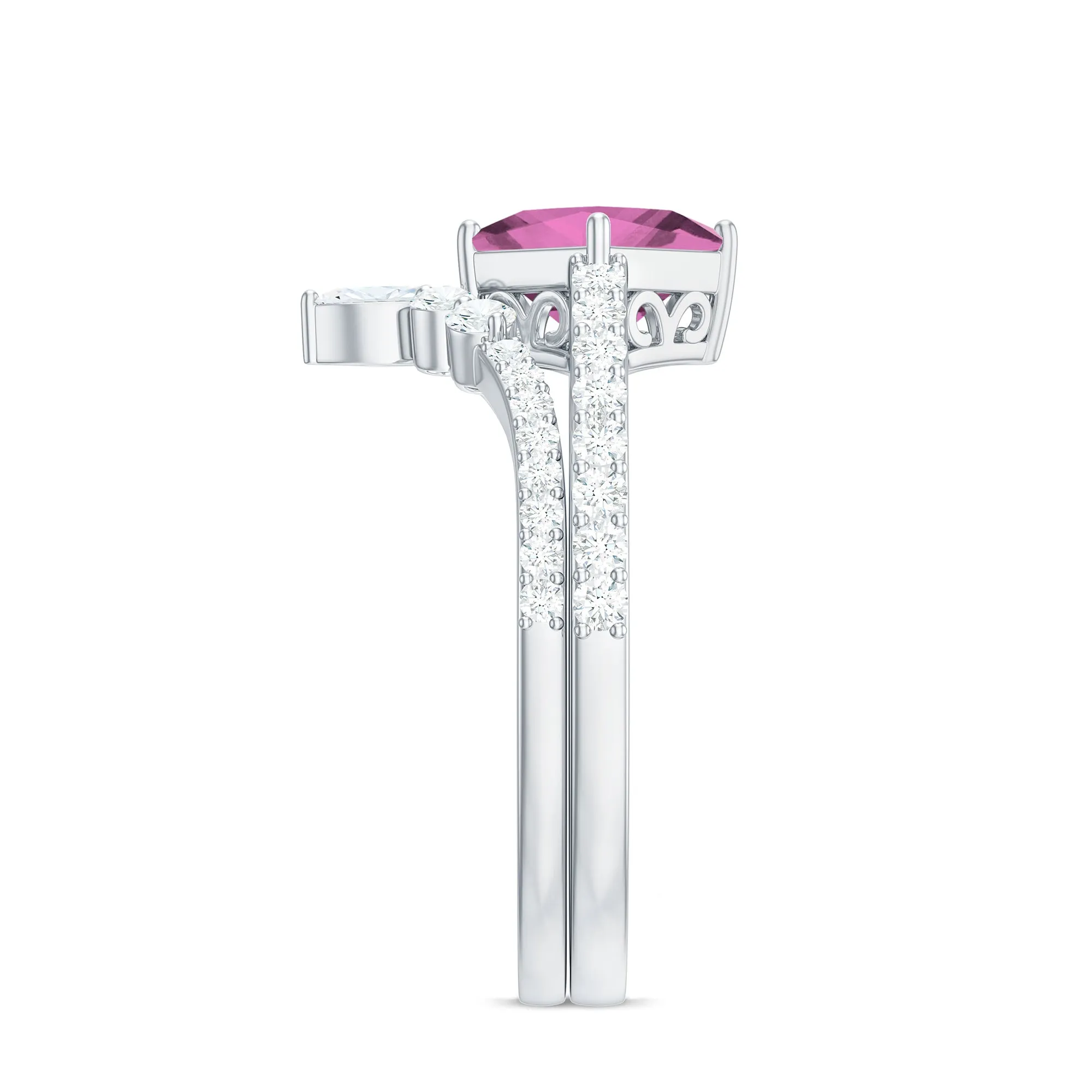 Princess Cut Solitaire Pink tourmaline Designer Ring Set with Moissanite