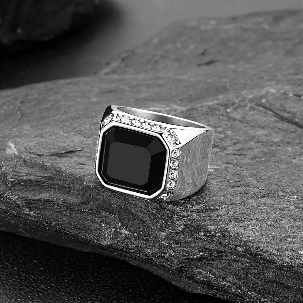 Rhinestones Embrace Black Onyx Stainless Steel Ring