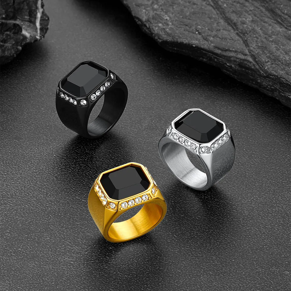 Rhinestones Embrace Black Onyx Stainless Steel Ring