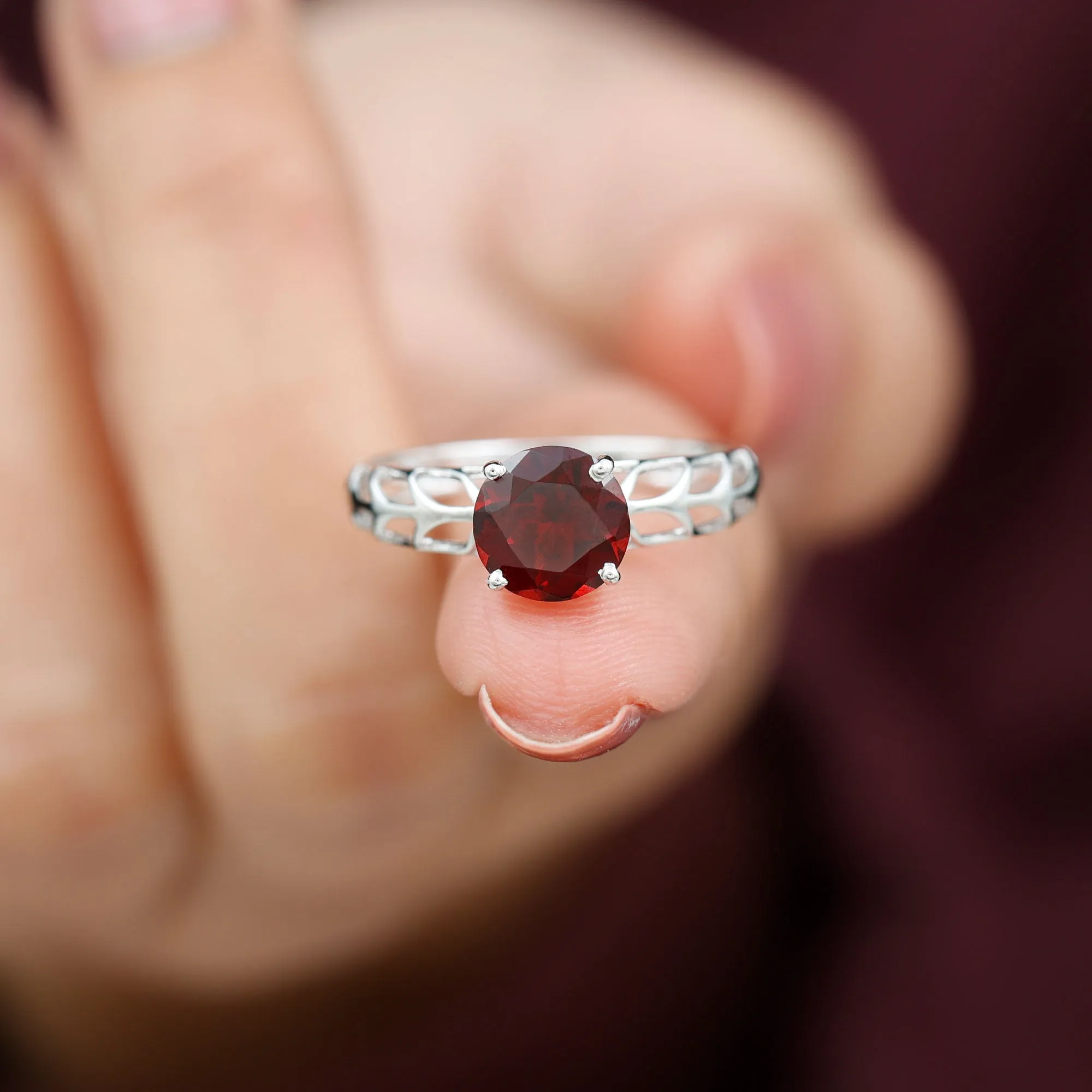 Round Shape Garnet Solitaire and Filigree Ring