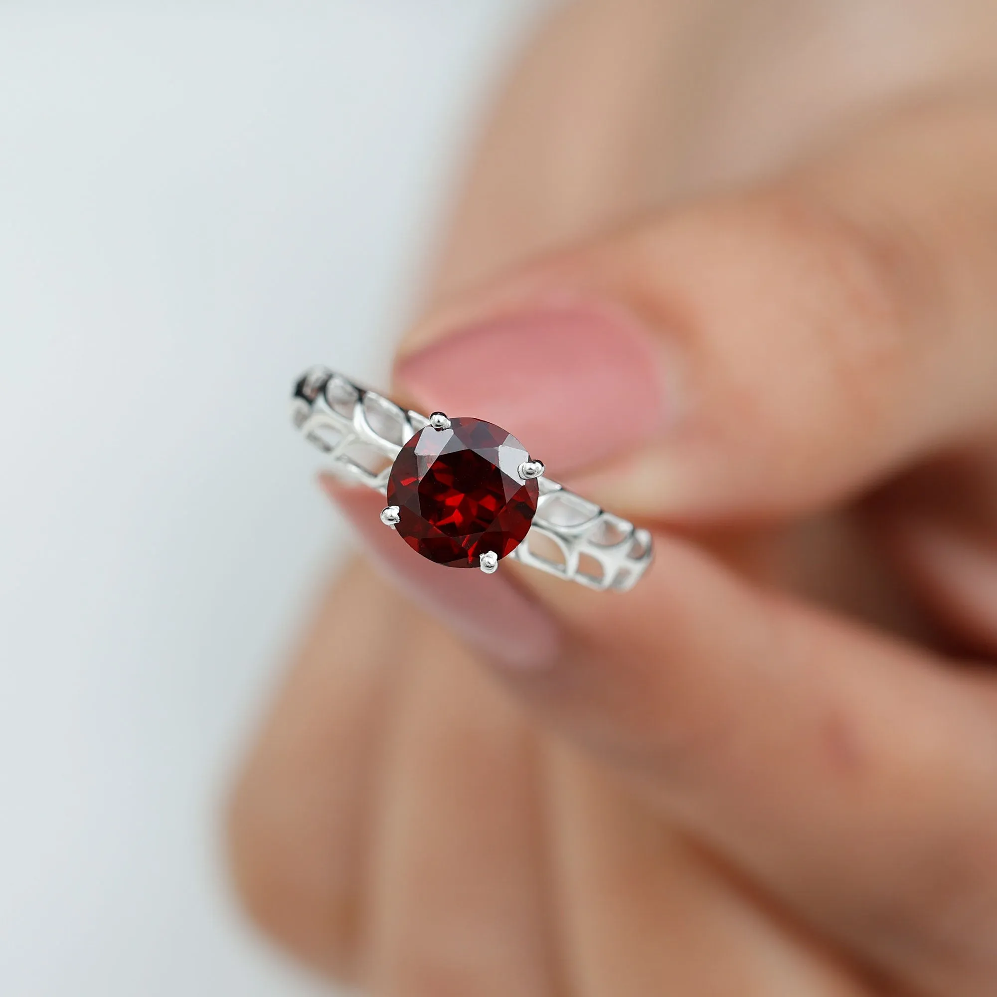 Round Shape Garnet Solitaire and Filigree Ring