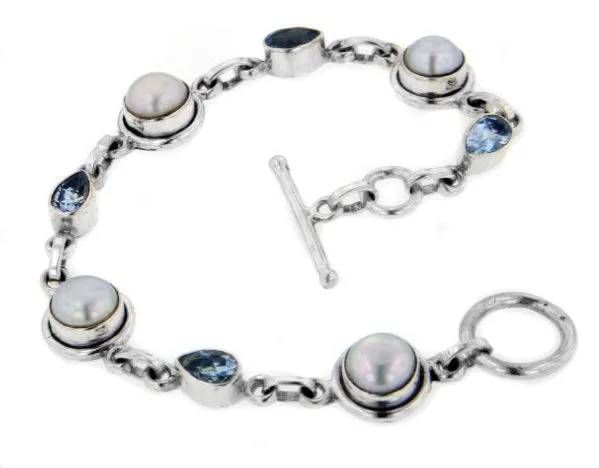 Sterling Silver Blue Topaz Freshwater Pearl Bracelet