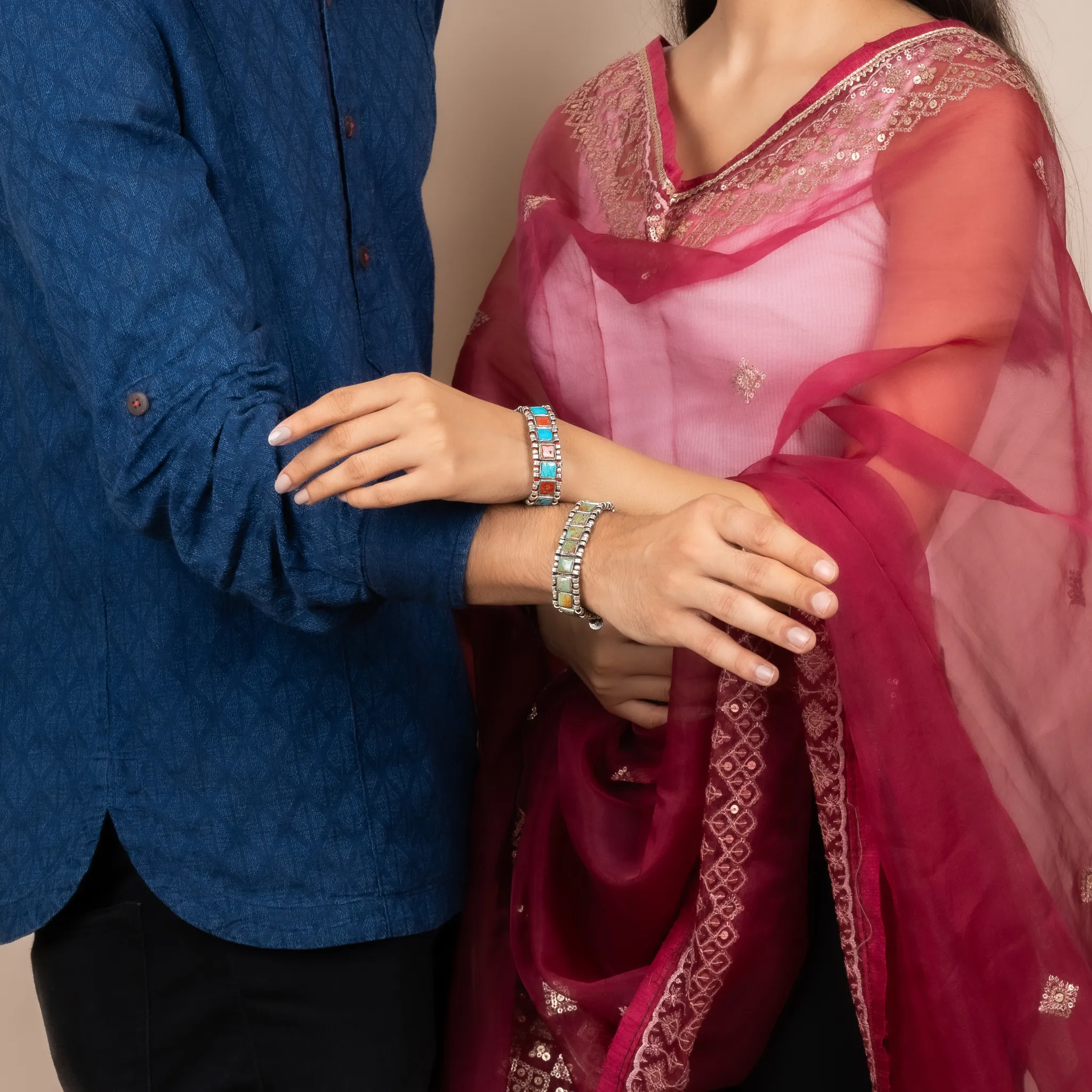 Stunning Square Coral with Turquoise Silver Rakhi / Friendship Band