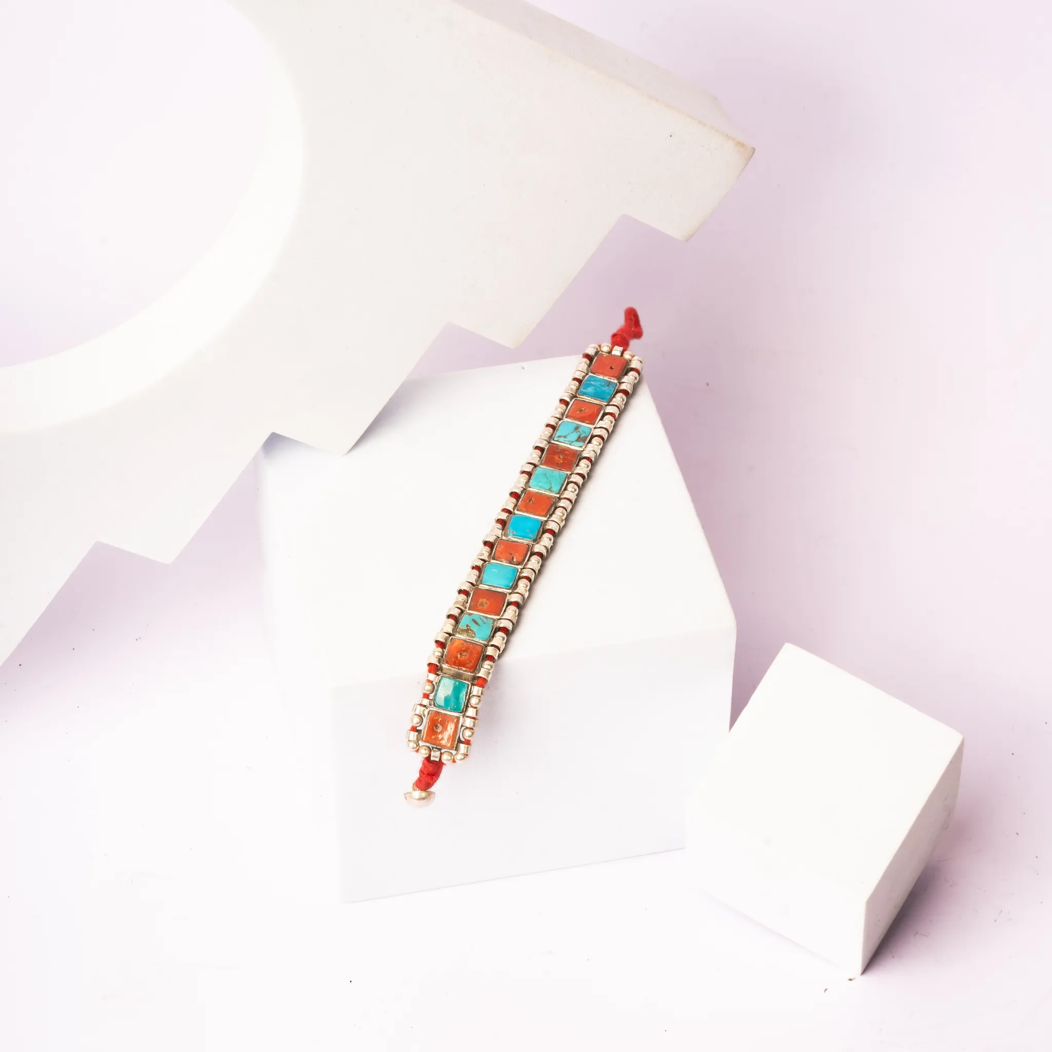 Stunning Square Coral with Turquoise Silver Rakhi / Friendship Band