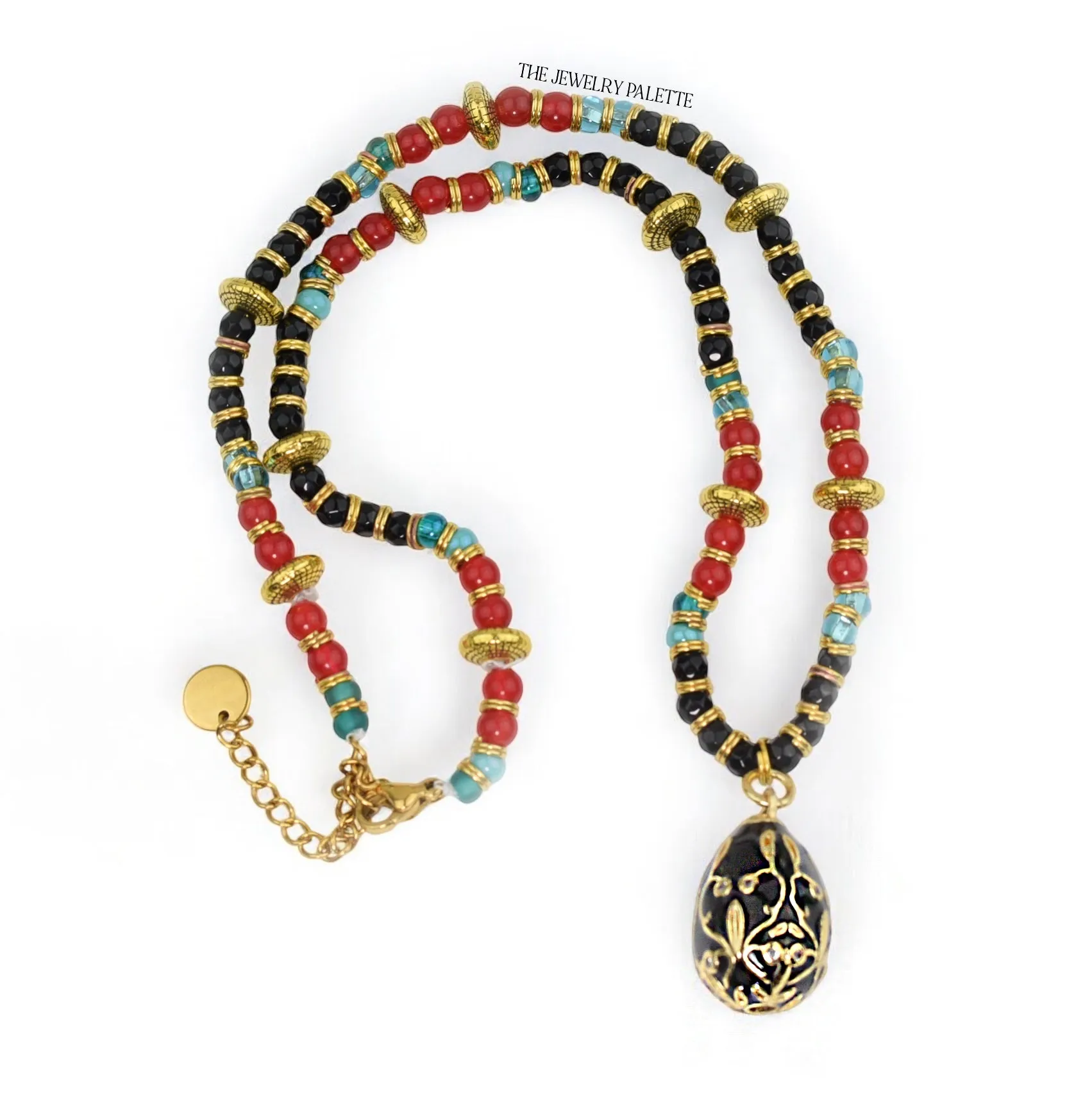 Tina black onyx and coral pendant choker necklace