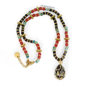 Tina black onyx and coral pendant choker necklace