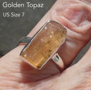 Topaz Ring, Golden, Raw Crystal, Size 7, 925 Silver, r5