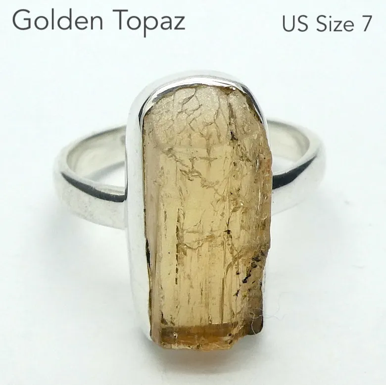 Topaz Ring, Golden, Raw Crystal, Size 7, 925 Silver, r5